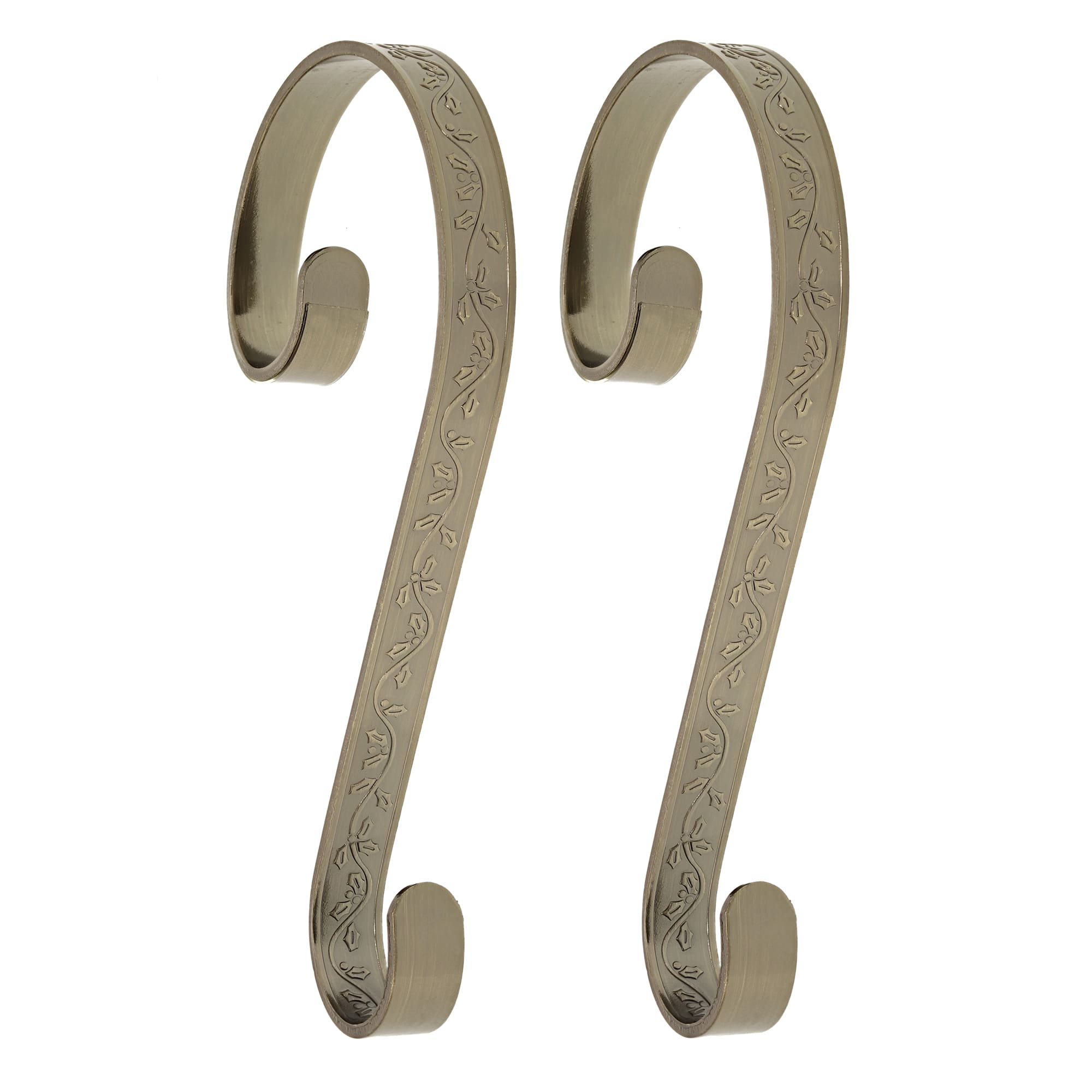 Haute Decor Stocking Scroll® Holly Embossed Antique Brass Stocking Holders