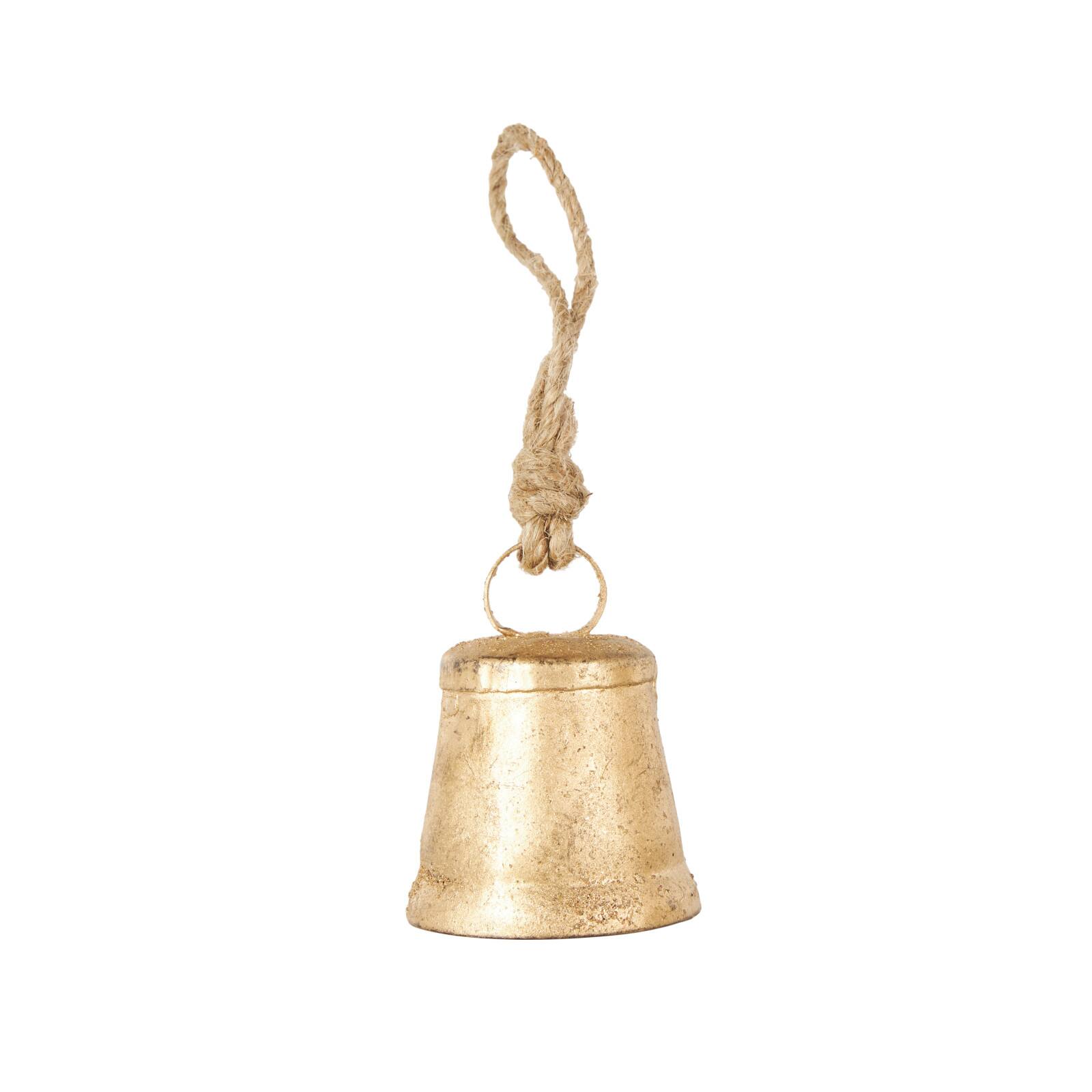 Gold Metal Tibetan-Inspired Decorative Bells with Jute Rope and Canvas Drawstring Tote Set