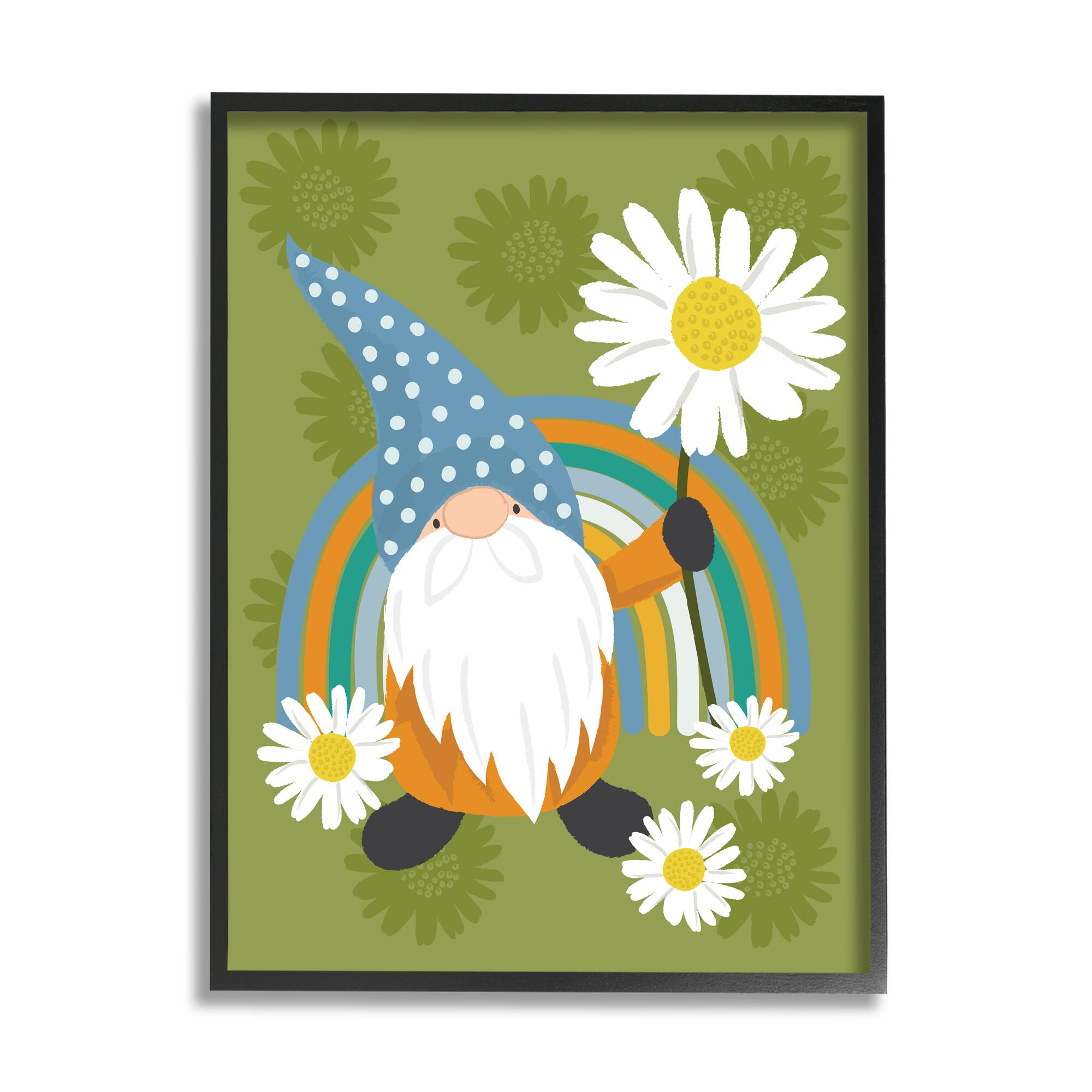 Stupell Industries Daisy Garden Gnome Blue Rainbow Floral Pattern in Frame Wall Art