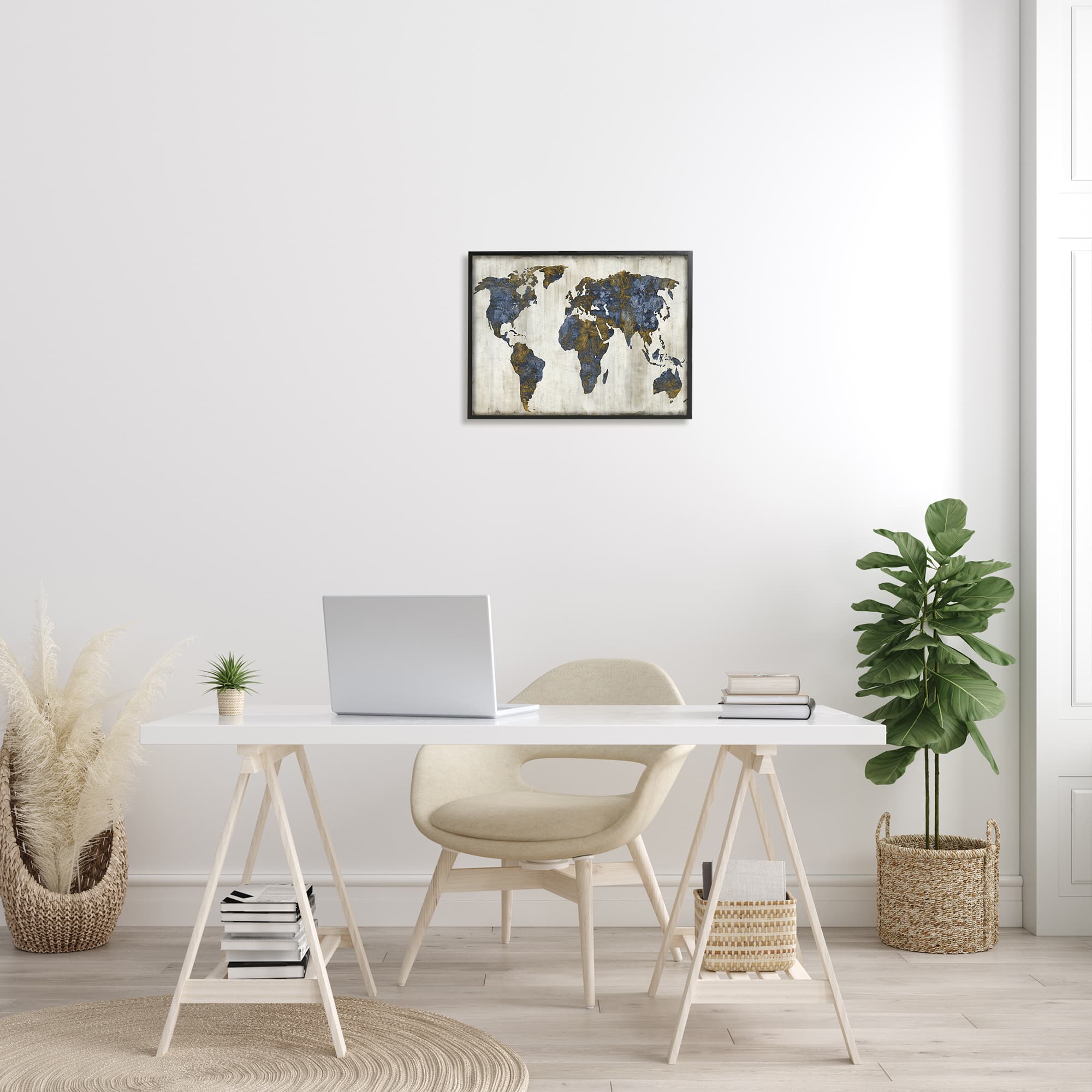 Stupell Industries Gold & Blue World Map Design Wall Art in Frame