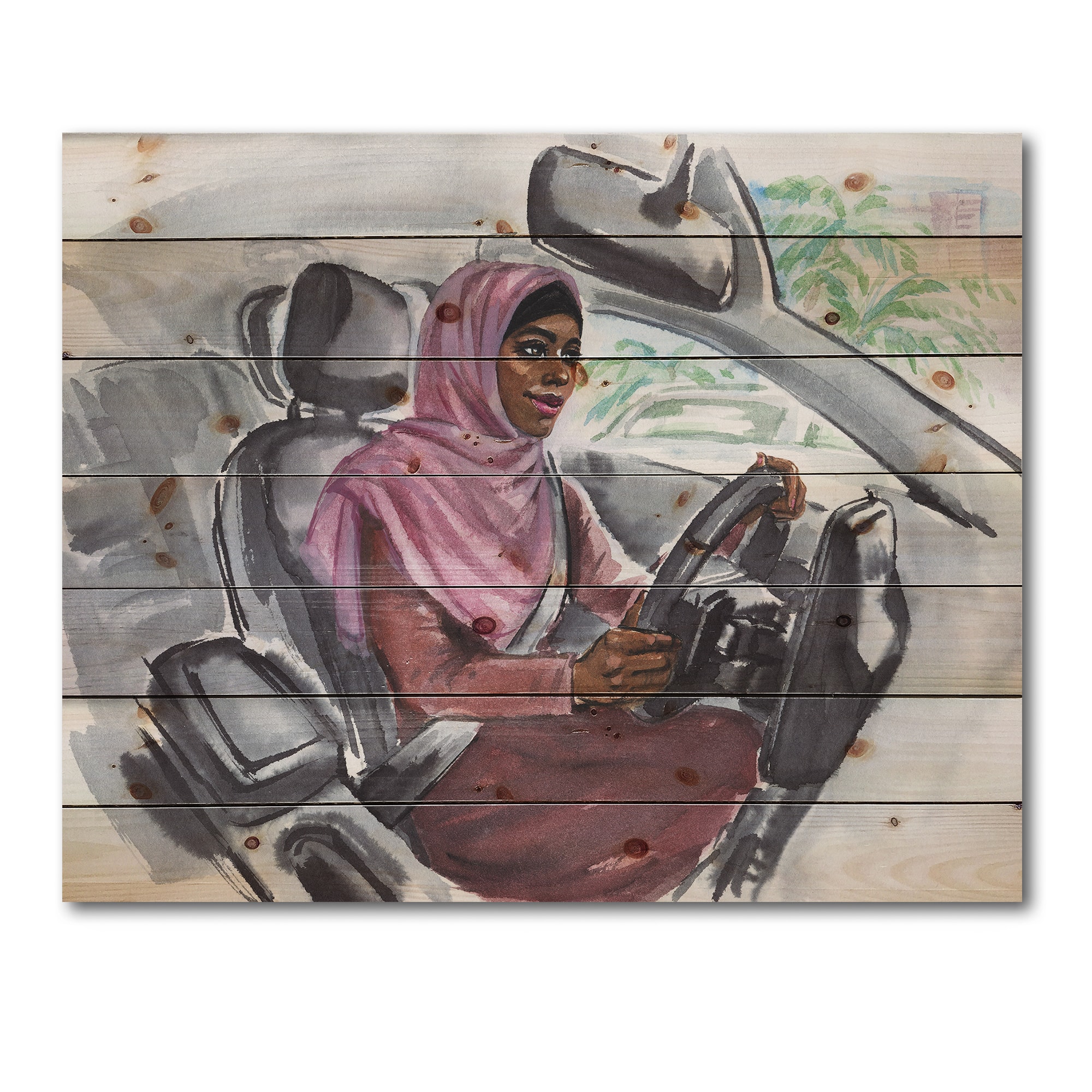 Designart - Arabian Woman Driving A Car III - Modern Print on Natural Pine Wood
