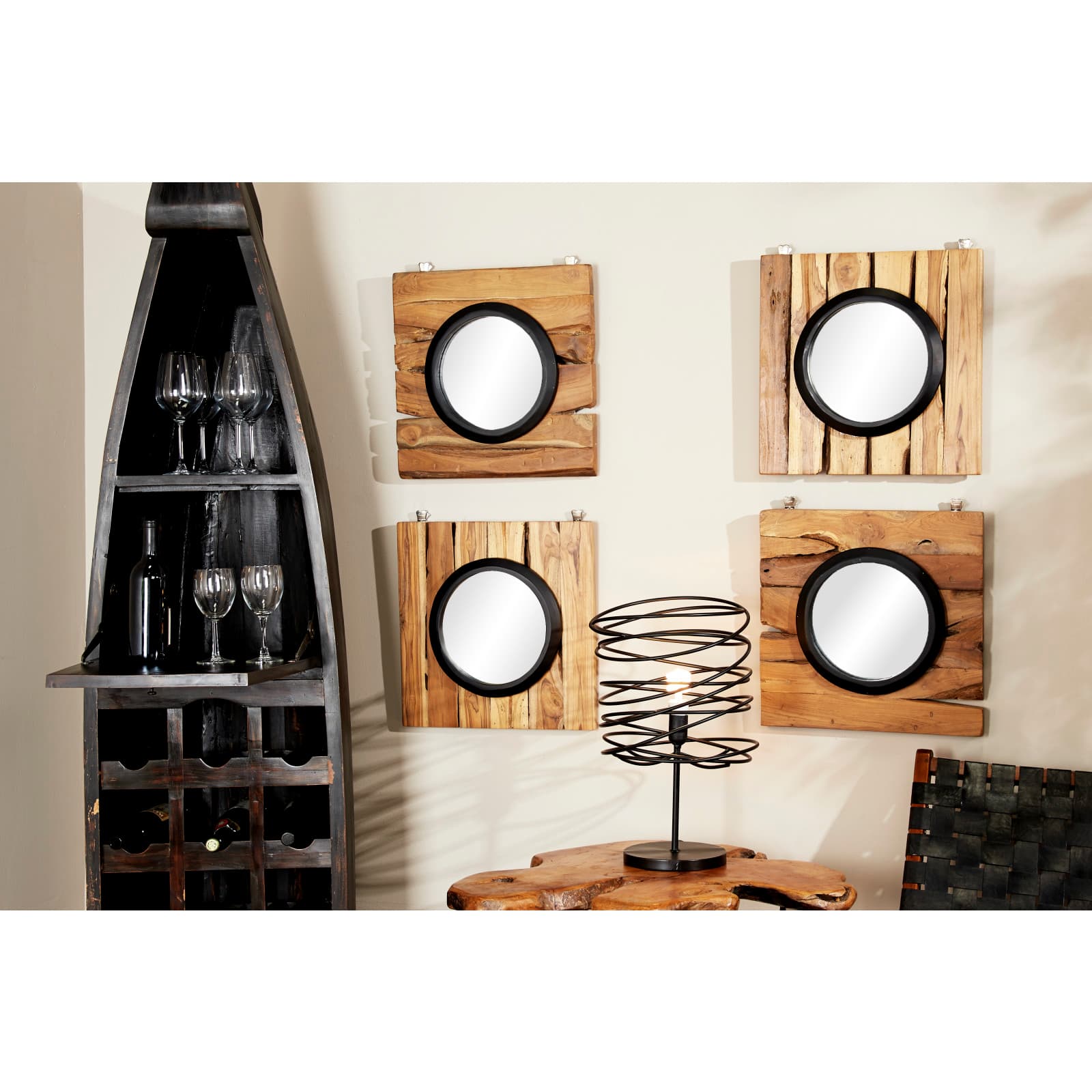 Set of 4 Brown Teak Wood Rustic Floral Wall Mirror, 18" x 18"