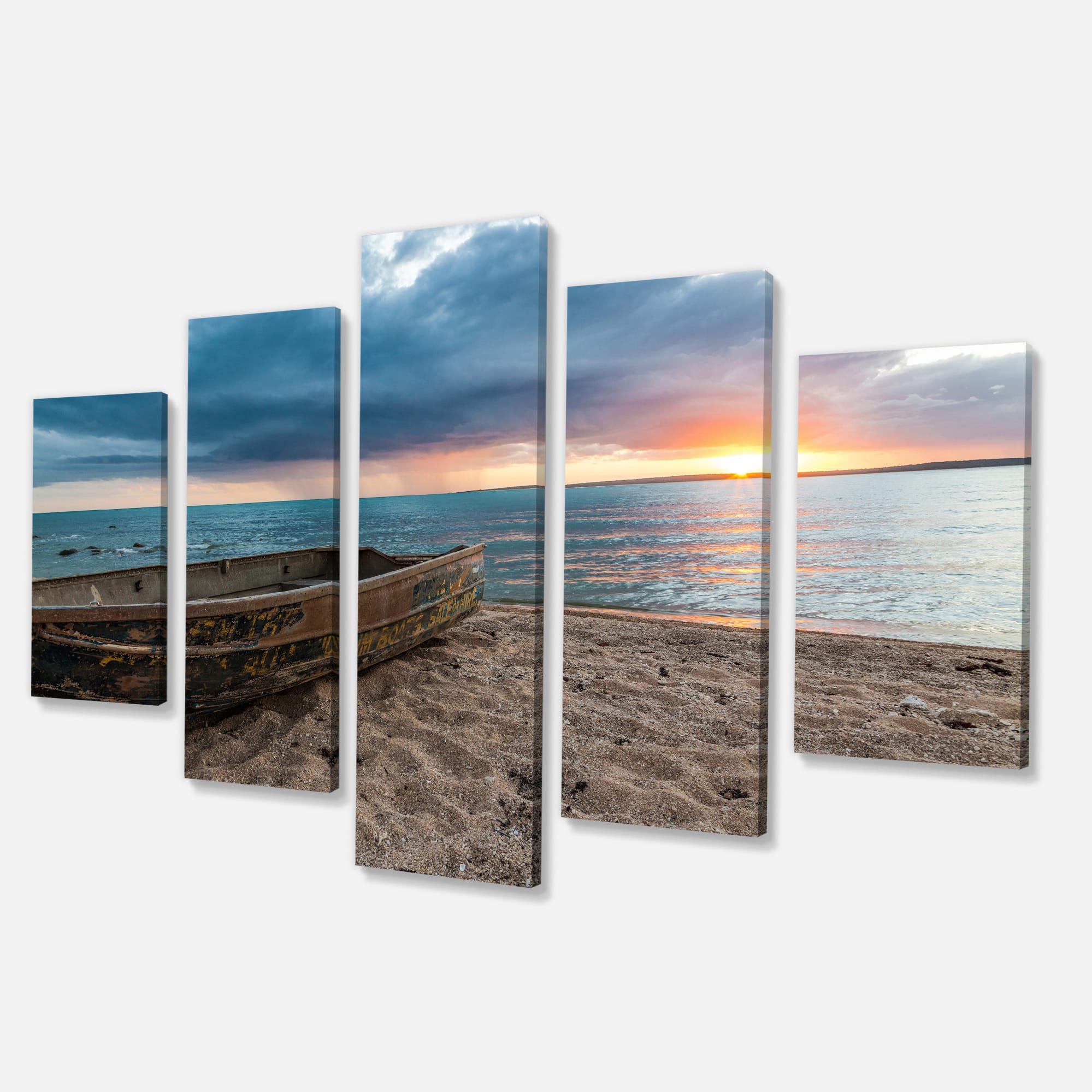 Designart - Rusty Row Boat on Sand at Sunset - Extra Large Seascape Art Canvas