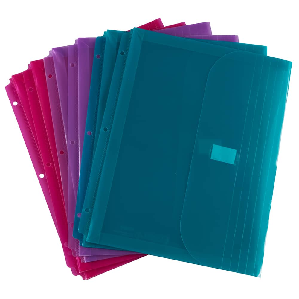 JAM Paper 9.5" x 11.5" Plastic 3 Hole Punch Binder Hook & Loop Closure Envelopes, 6ct.