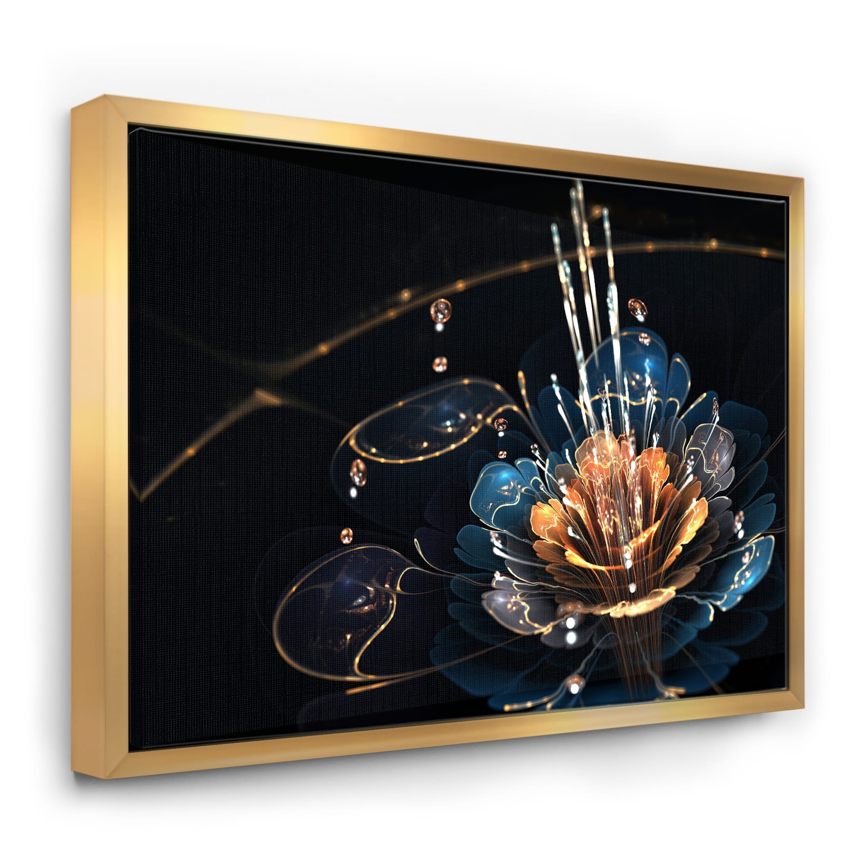 Designart - Orange Blue Flower with Water Drops - Floral Art Framed Canvas Print