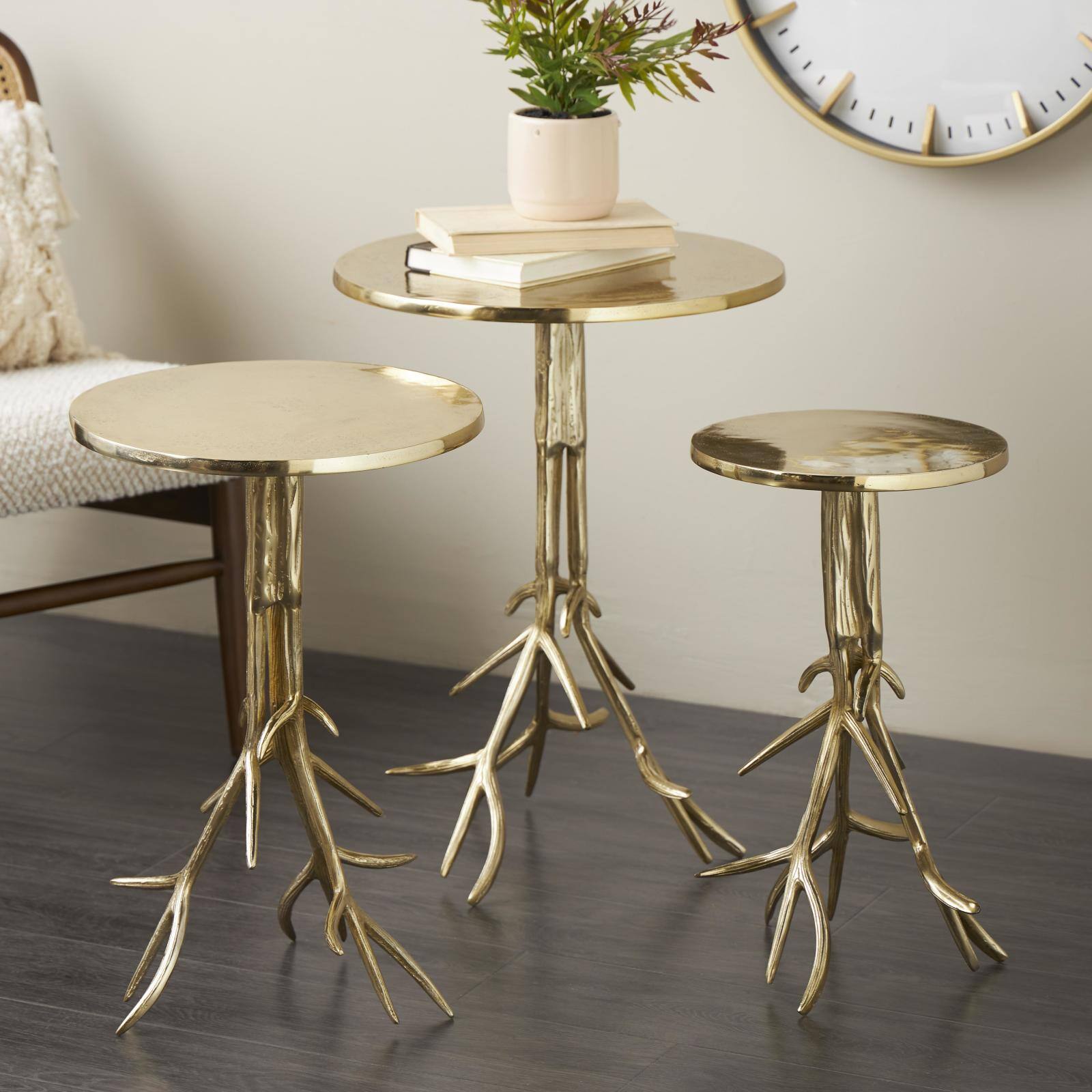 Gold & Aluminum Metal Tree Accent Table with Branch Inspired Bases, 3ct.