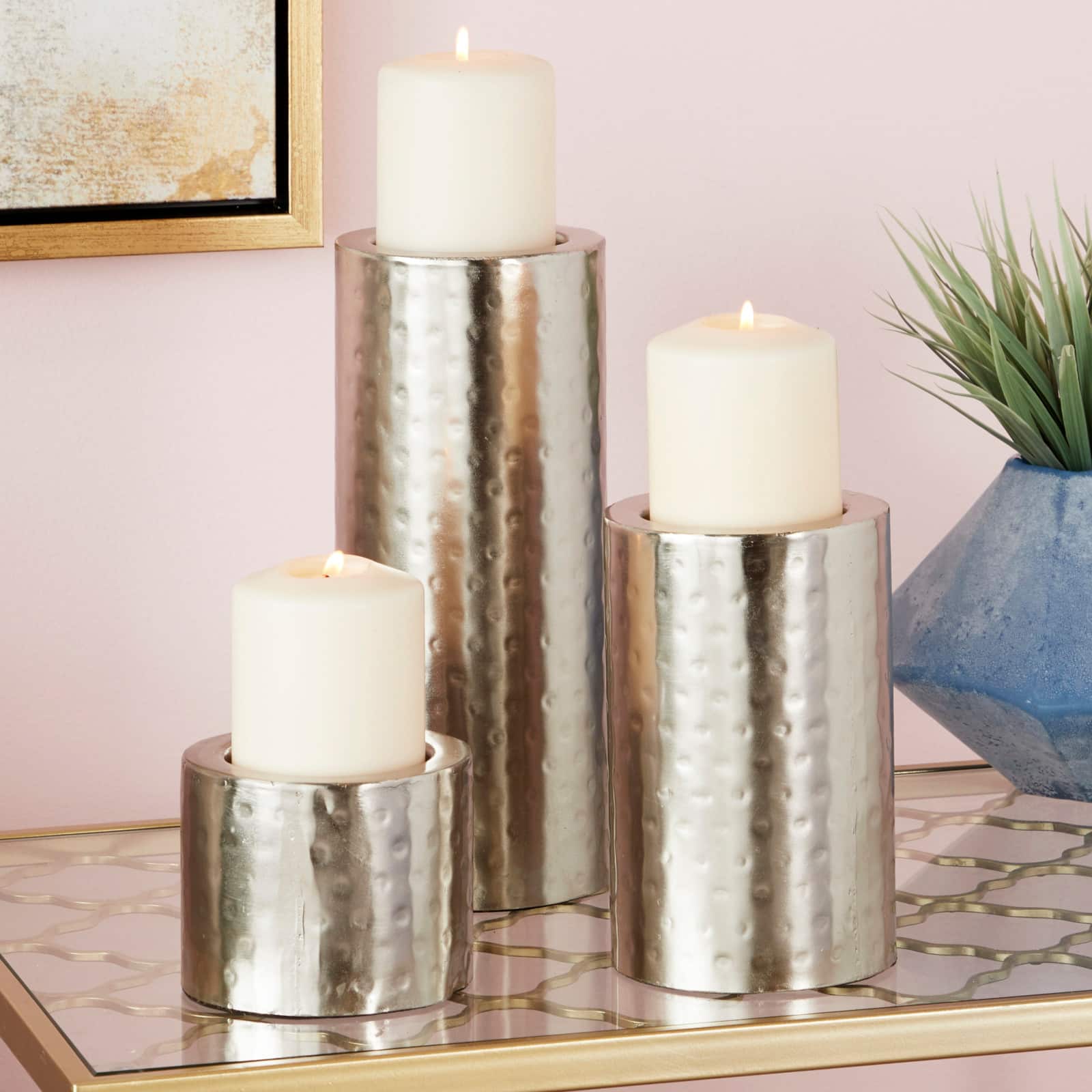 Metal Industrial 3 Piece Pillar Candle Holder Set