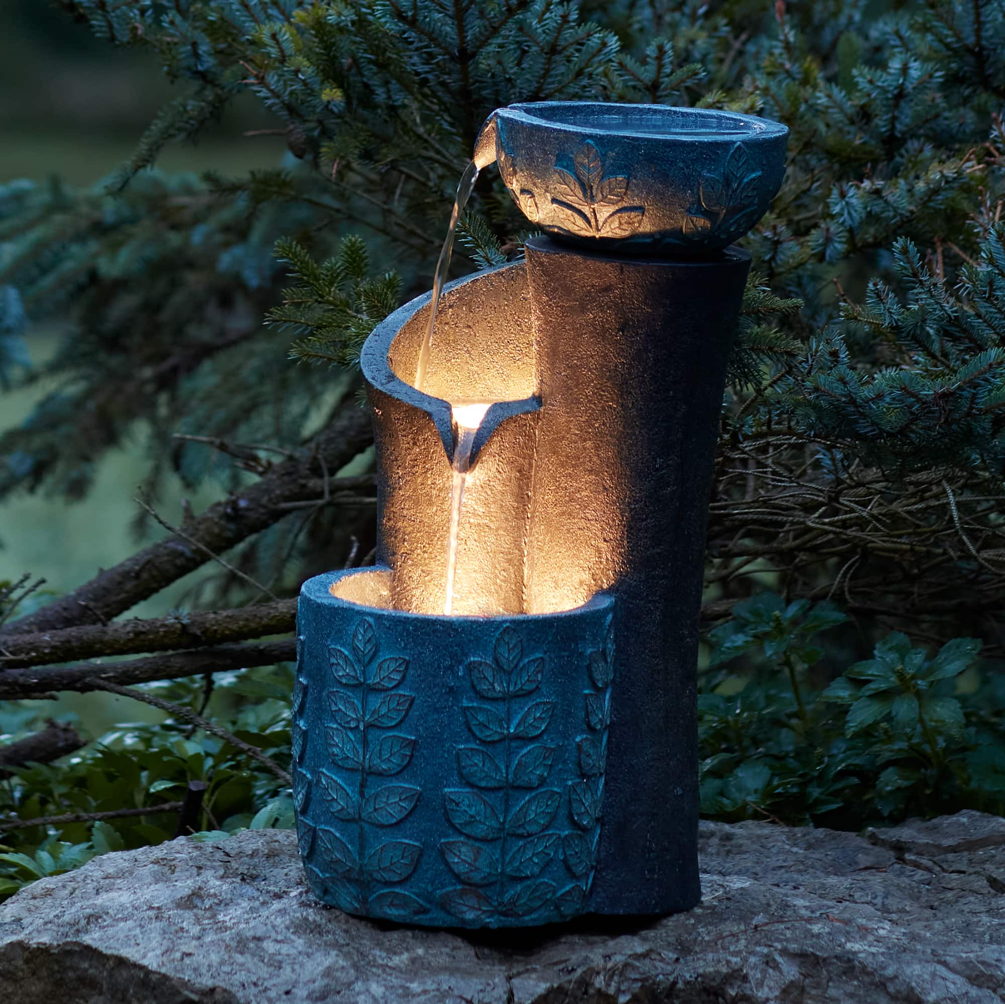 19.5" Blue Gray Cascading Leaf Bowl Fountain