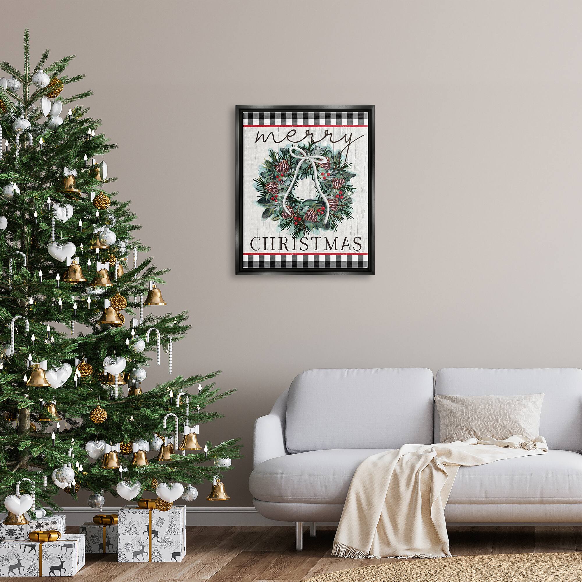 Stupell Industries Merry Christmas Tartan Wreath Framed Floater Canvas Wall Art