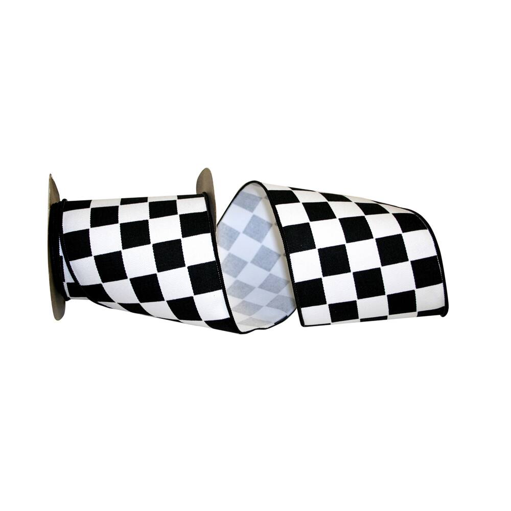 JAM Paper 4" x 10yd. Black & White Raceway Check Wired Ribbon