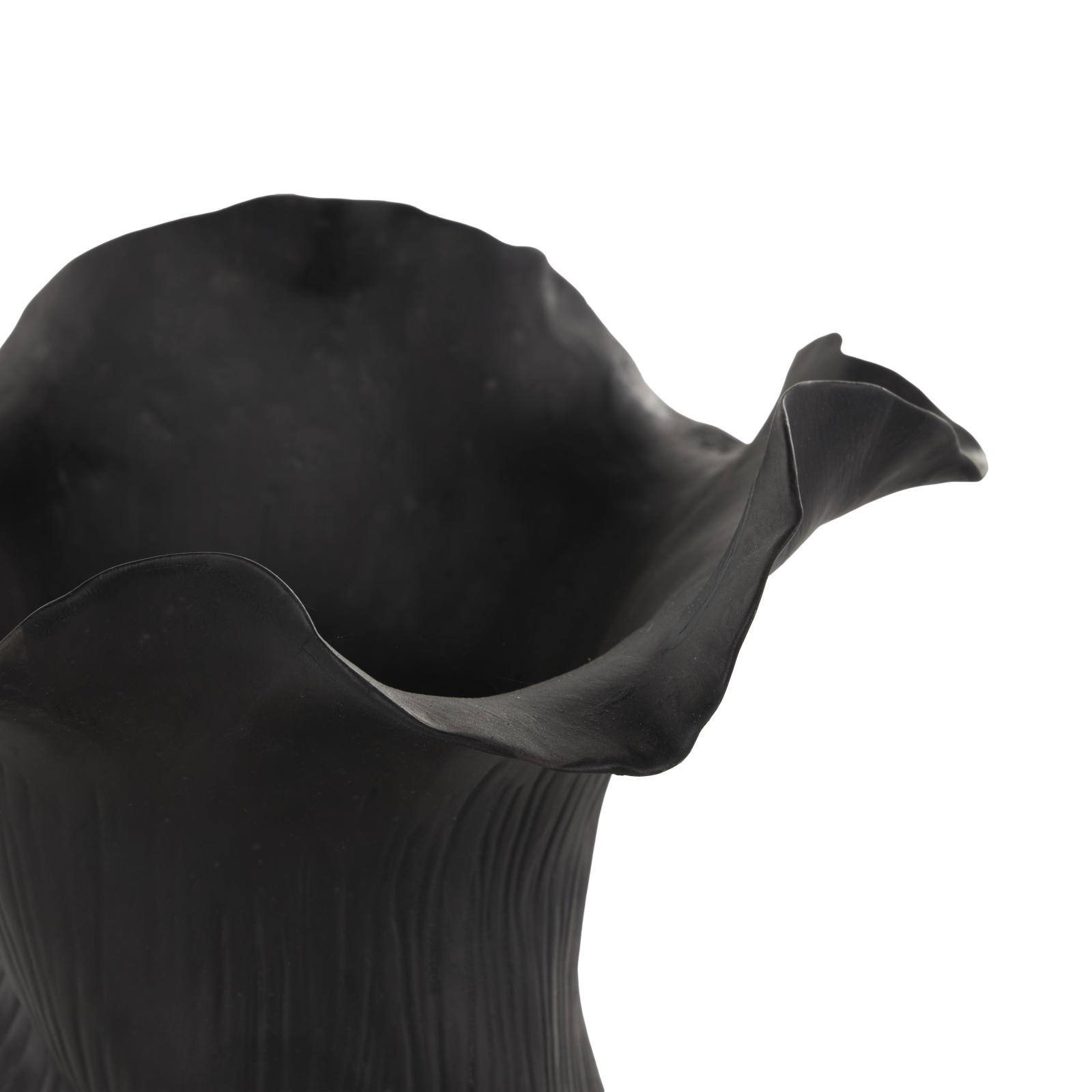 10.5" Black Ceramic Abstract Floral Vase with Linear Grooves