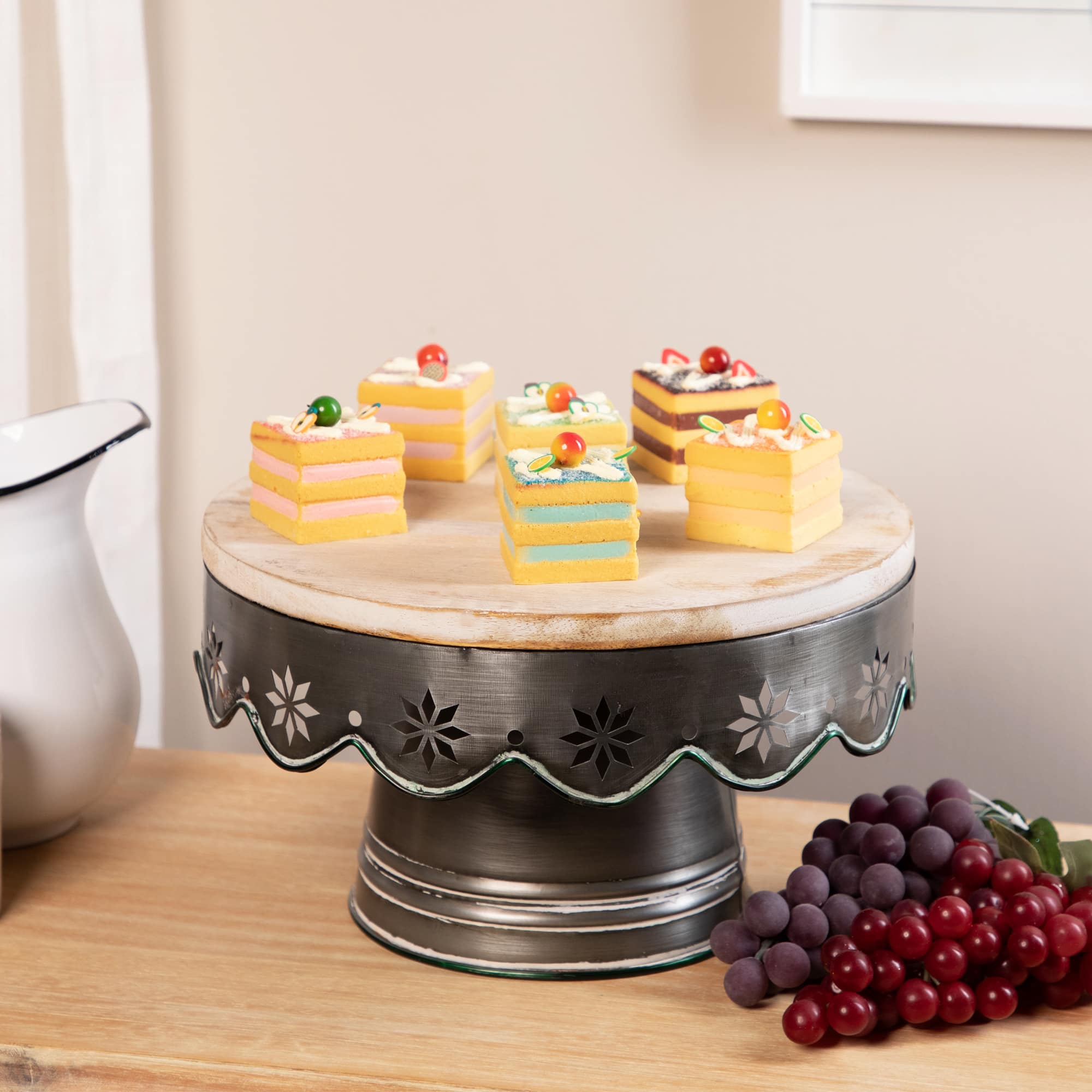 12" Laser-Cut Snowflake Distressed Iron & Wood Cake Stand