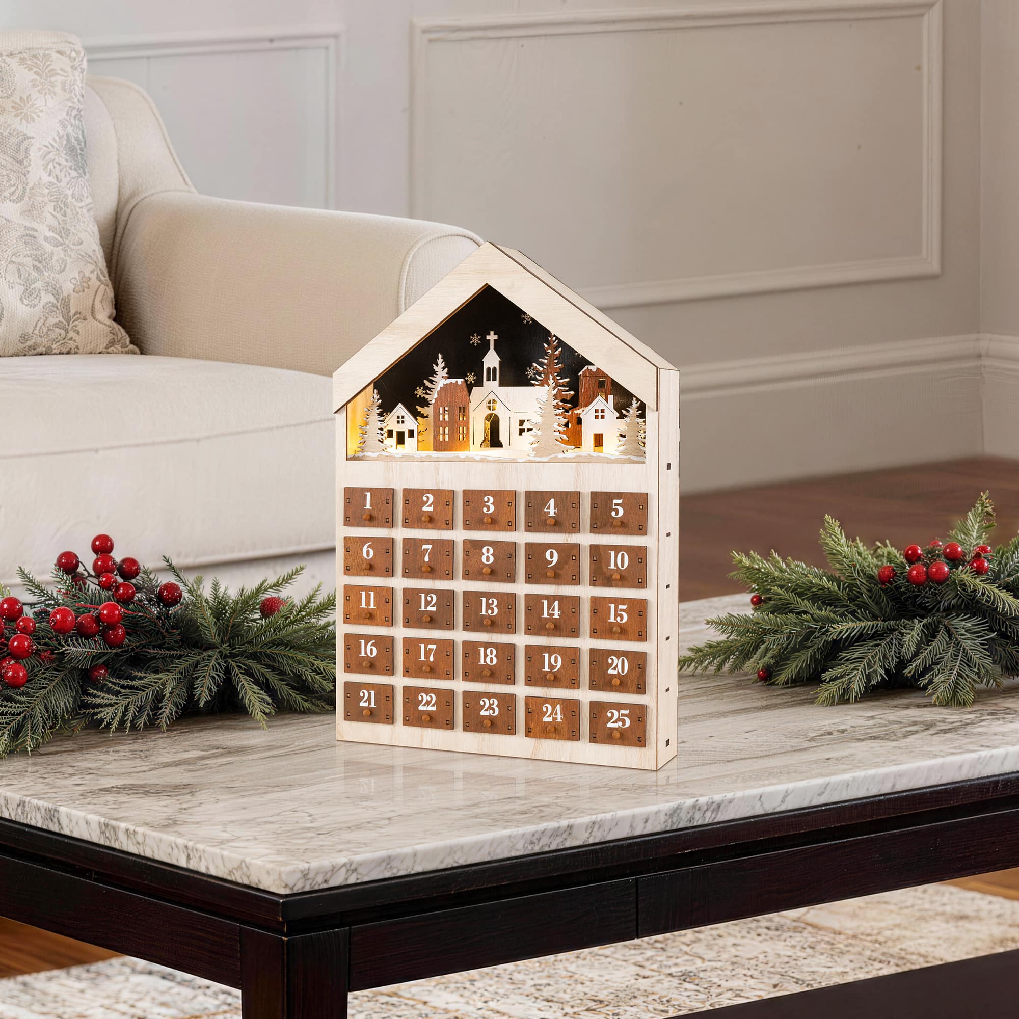 Glitzhome® 15.75" Lighted Wooden Christmas Village Advent Calendar Decor