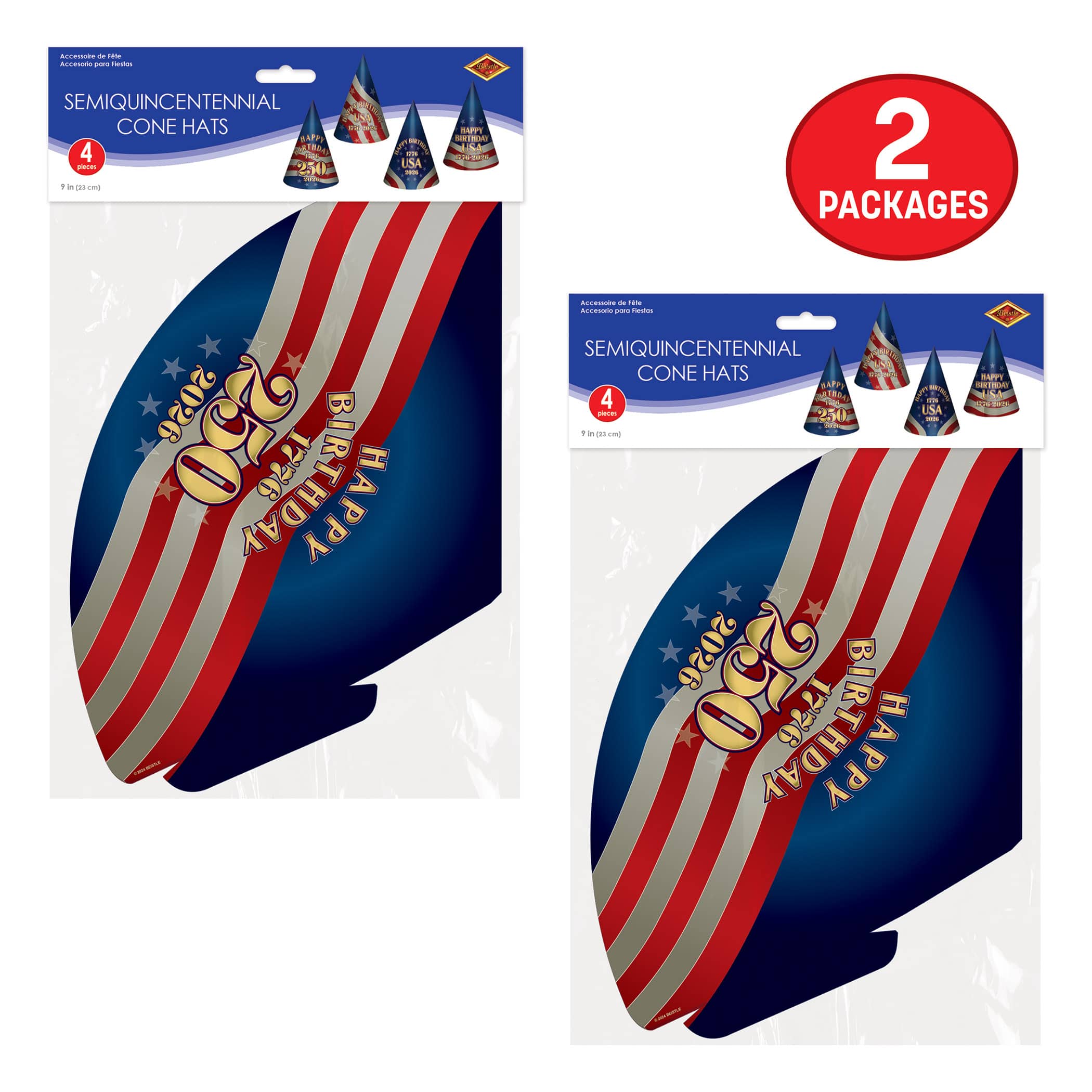 Beistle 9" Semiquincentennial Cone Hats, 2 Packs of 4