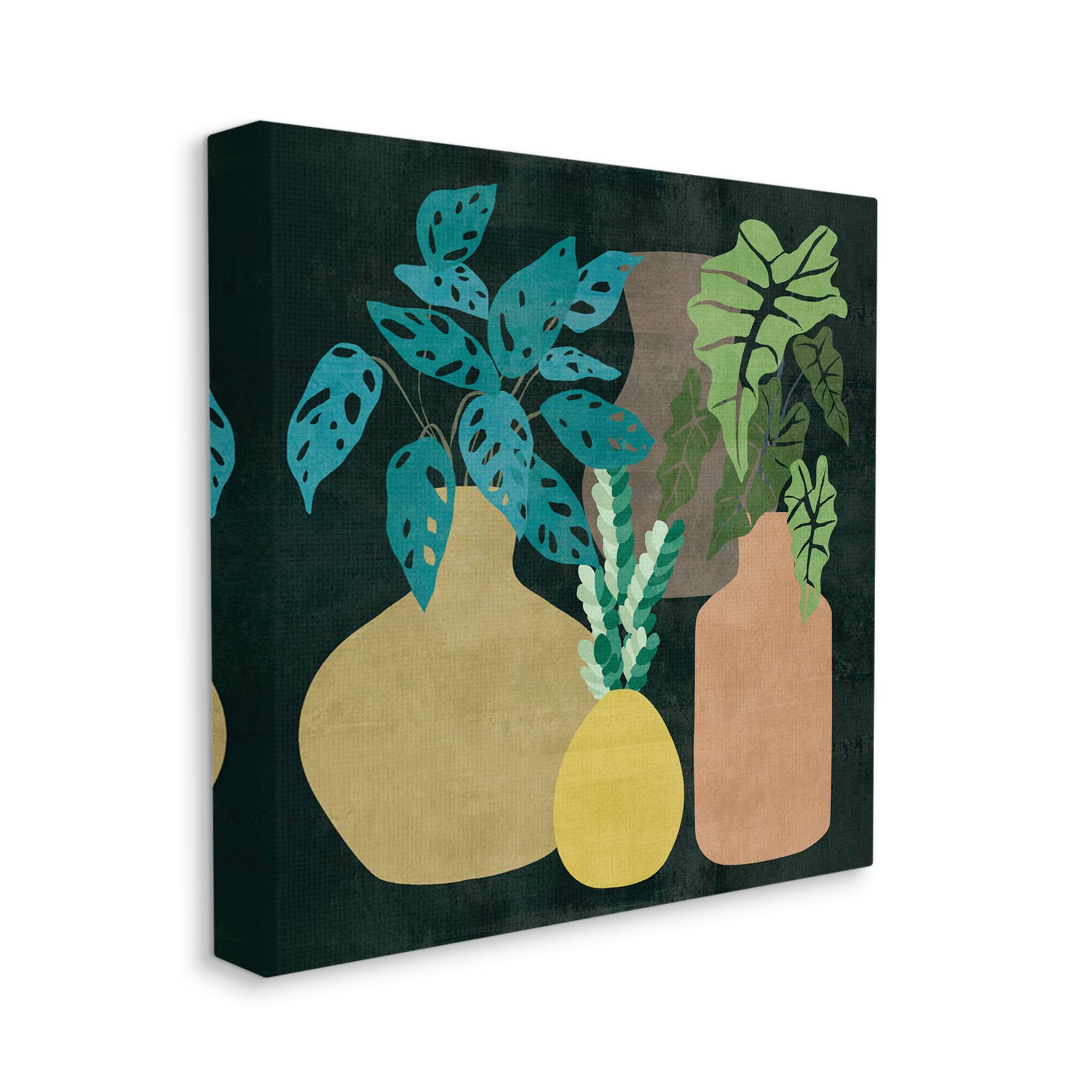 Stupell Industries Decorative Vases with Tropical Palms over Black Canvas Wall Art