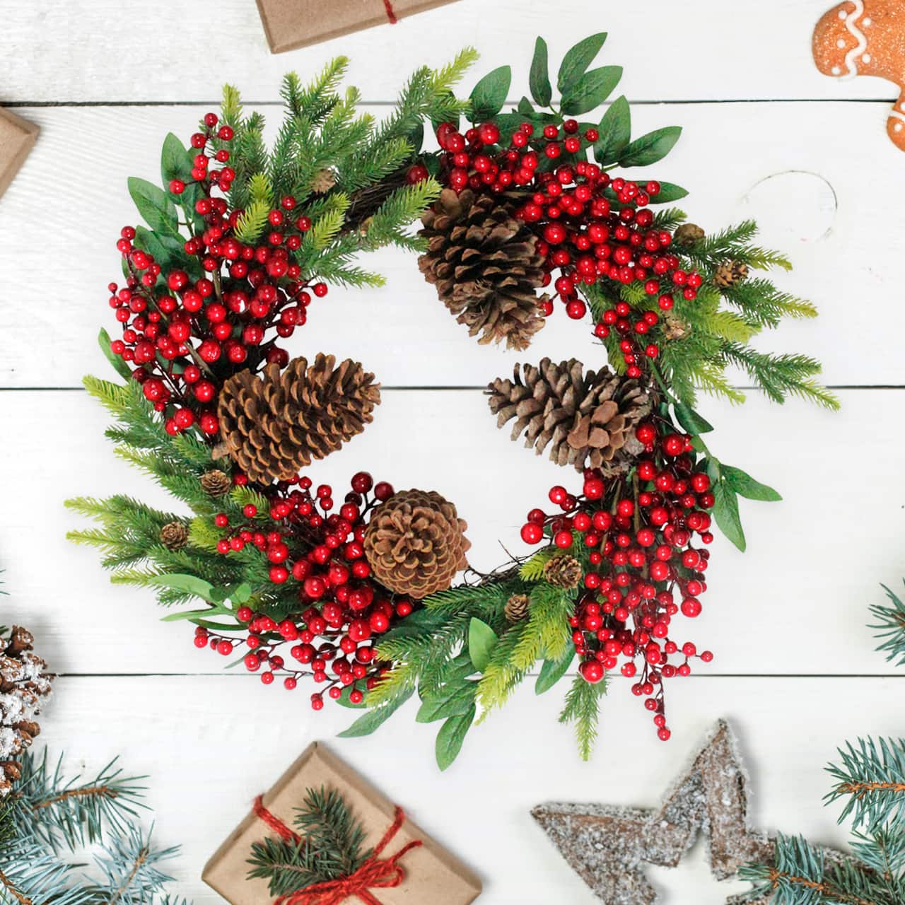 22" Red Berry & Pinecone Wreath