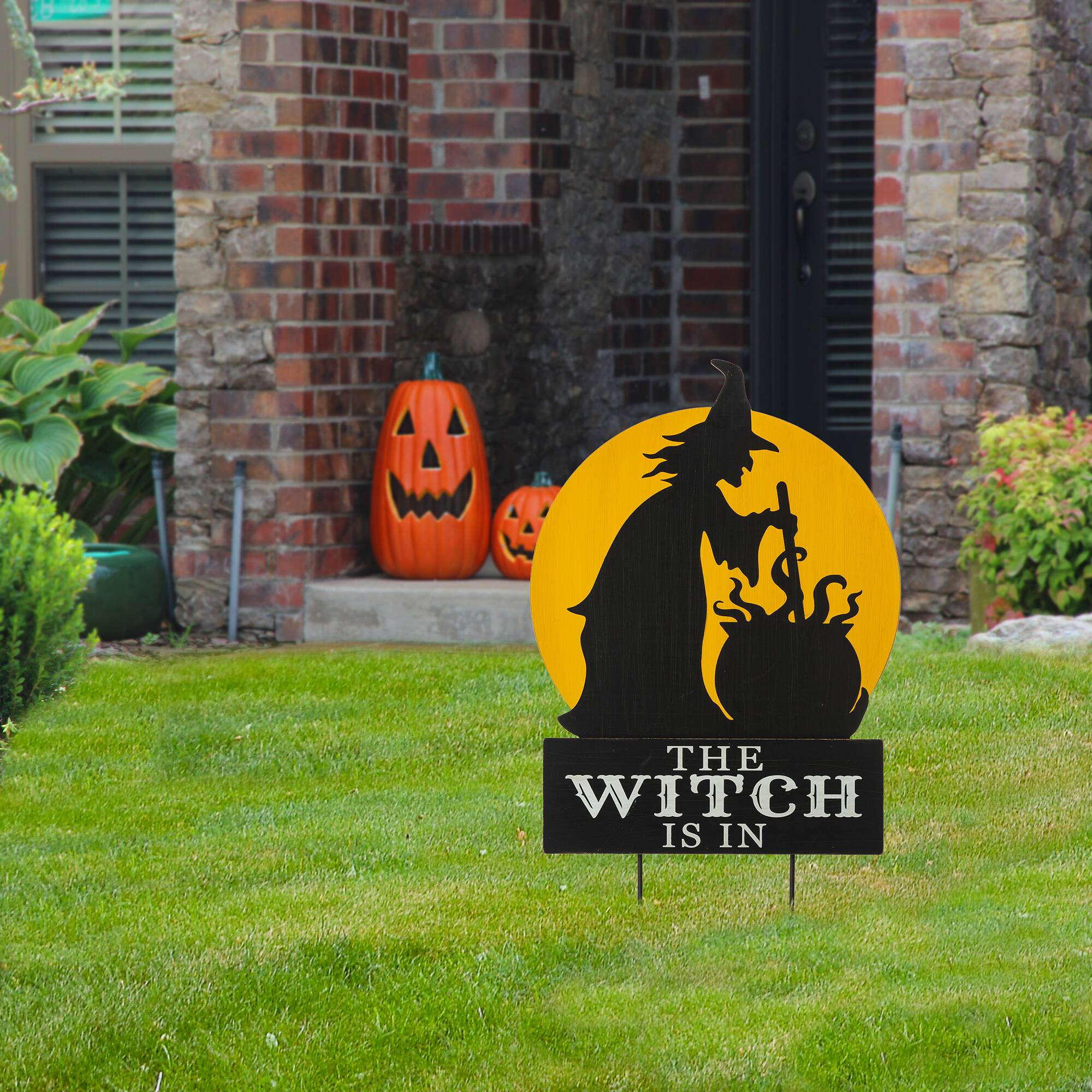 Glitzhome® 30" Black & Orange The Witch Is In Halloween Yard Stake