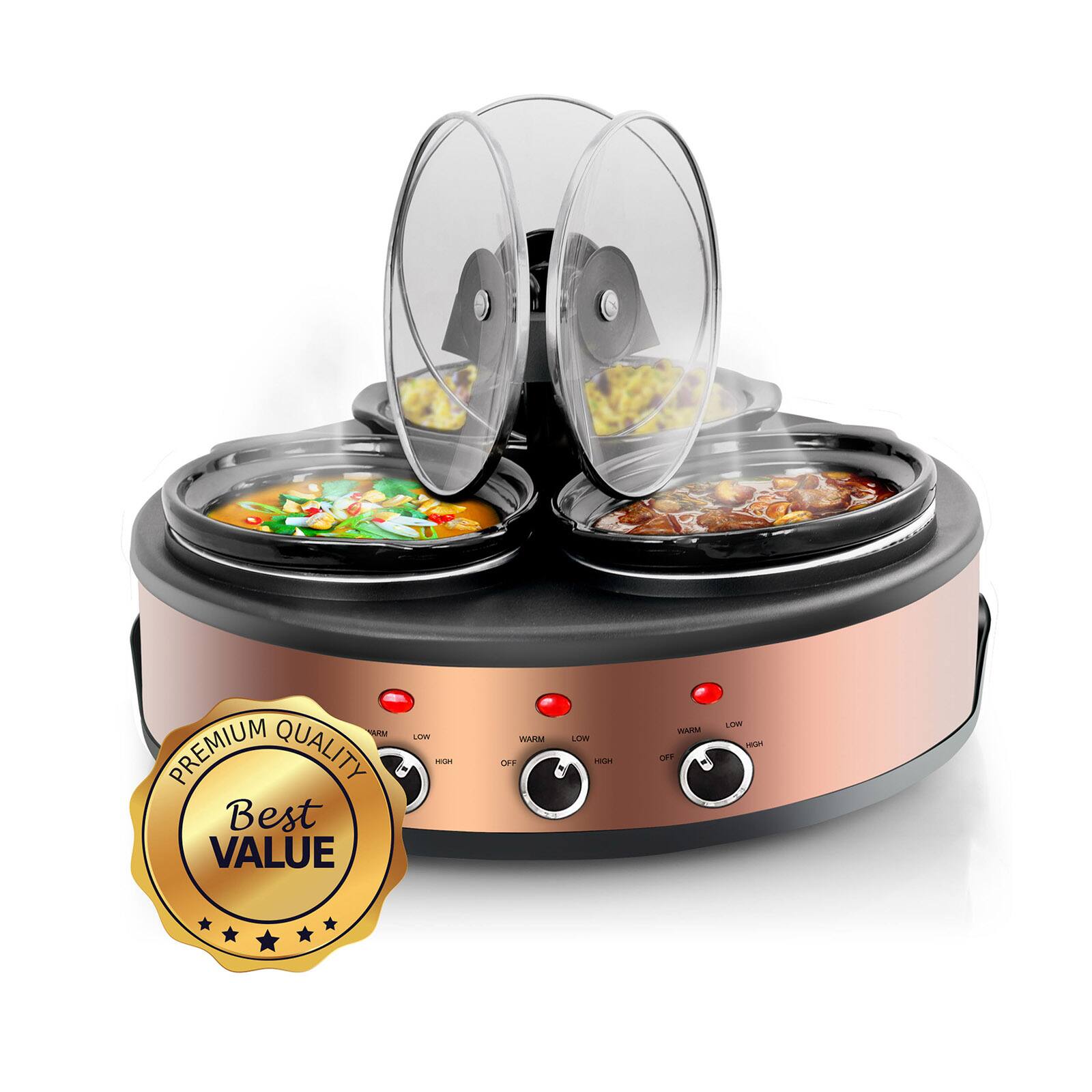 MegaChef Brushed Copper & Black Round Triple 1.5qt. Slow Cooker & Buffet Server Finish With 3 Ceramic Cooking Pots & Removable Lid Rests