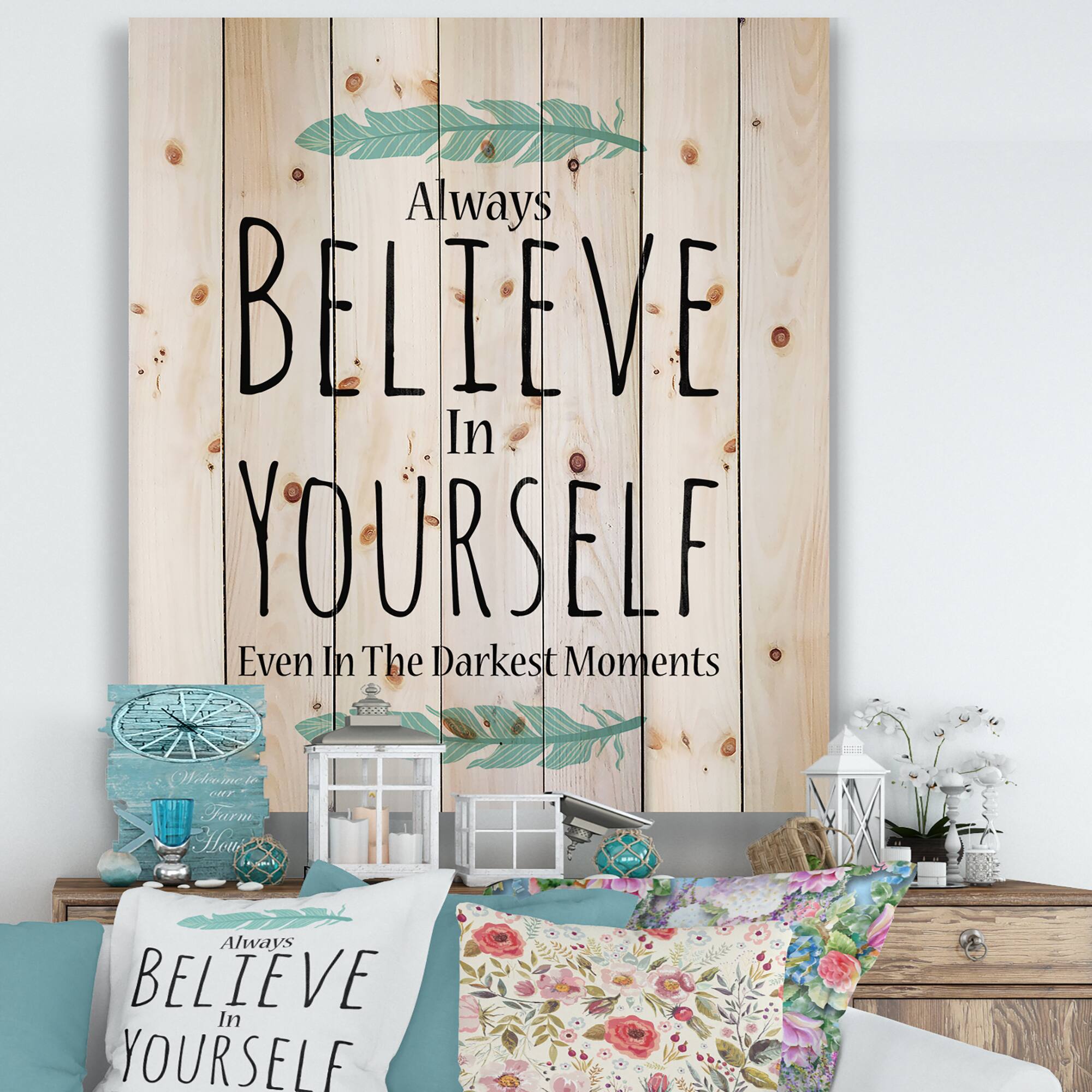 Designart - Believe In Yourself In On White - Traditional Print on Natural Pine Wood