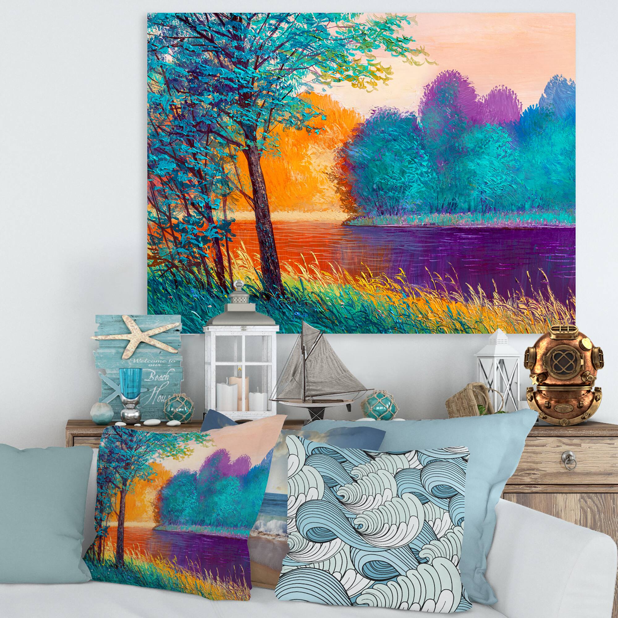 Designart - Colorful River Between The Trees During Twilight - Traditional Canvas Wall Art Print