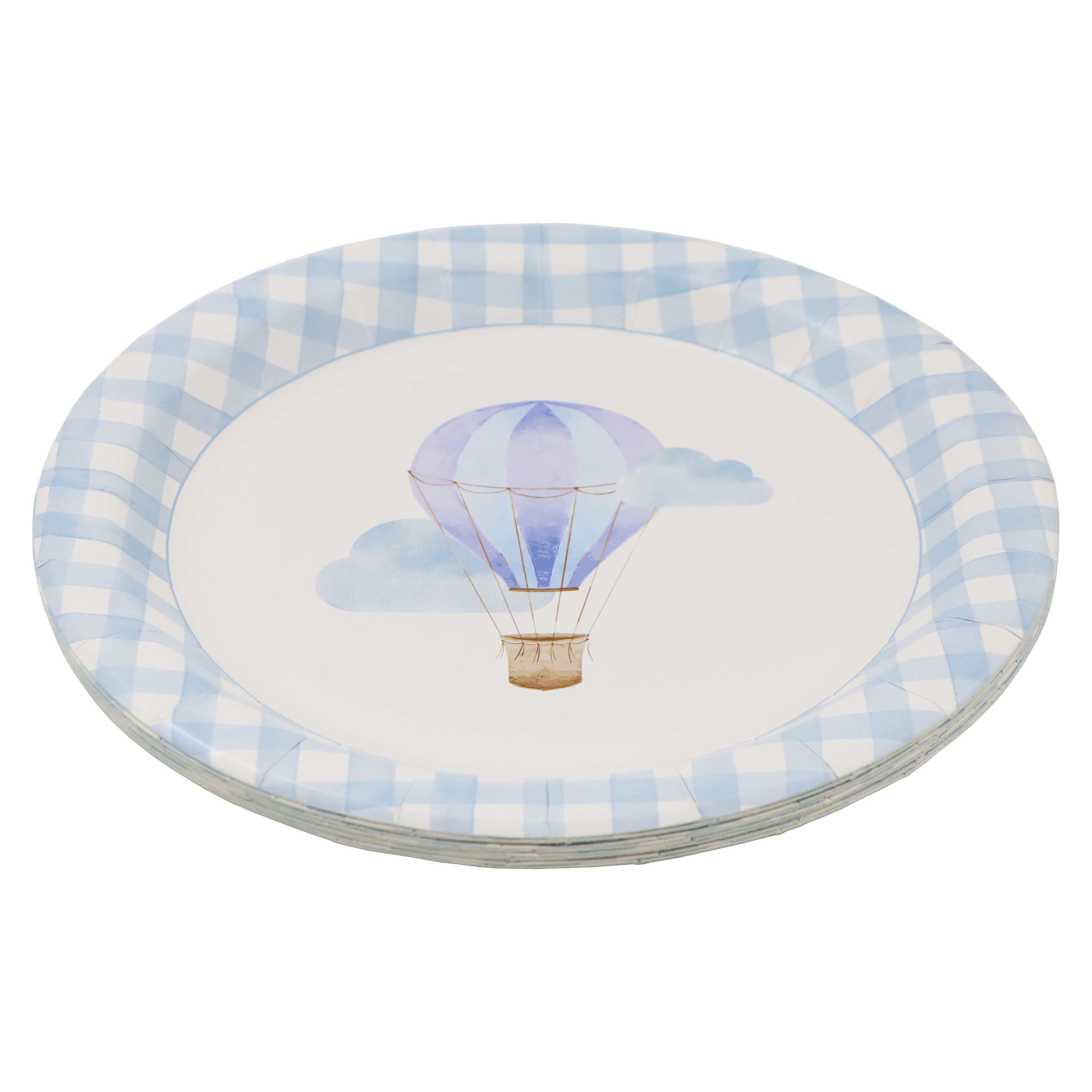 12 Packs: 10 ct. (120 total) 9" Blue Hot Air Balloon & Gingham Dinner Plates by Celebrate It™