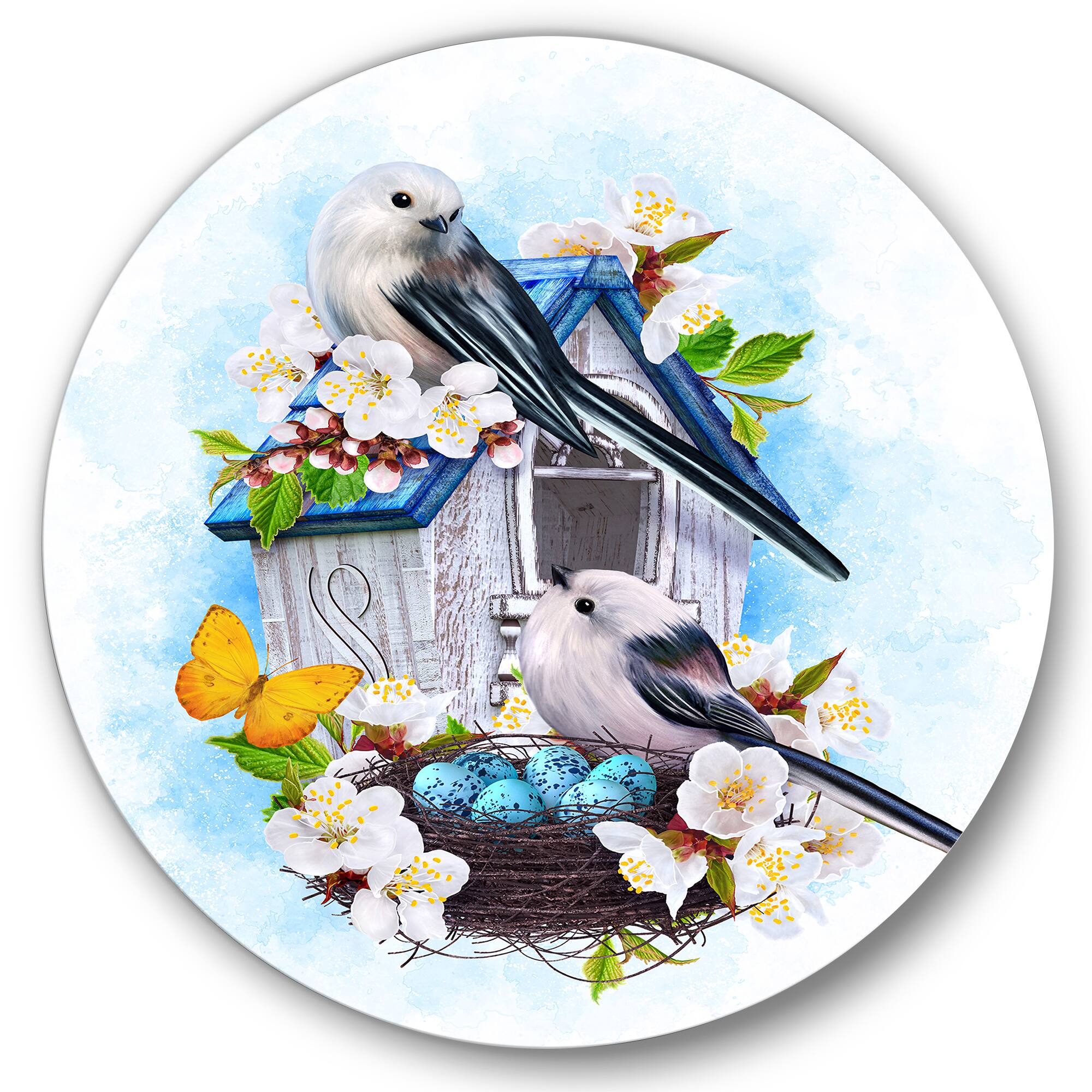 Designart - Two Tit Birds Sitting Near The Nest With Eggs II - Traditional Metal Circle Wall Art