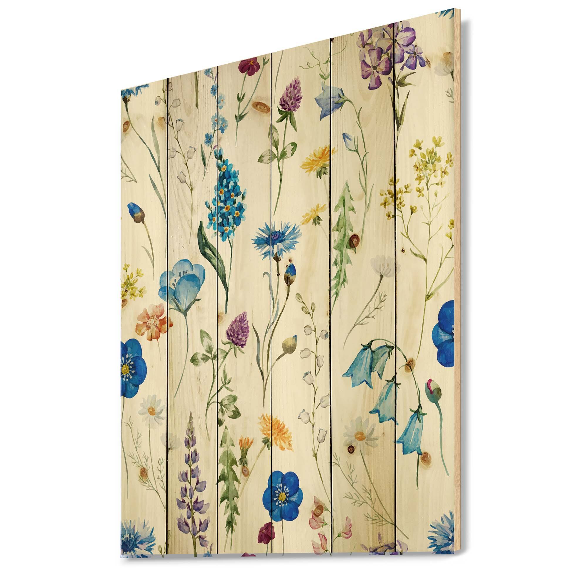 Designart - Blue Wild Flowers - Traditional Print on Natural Pine Wood