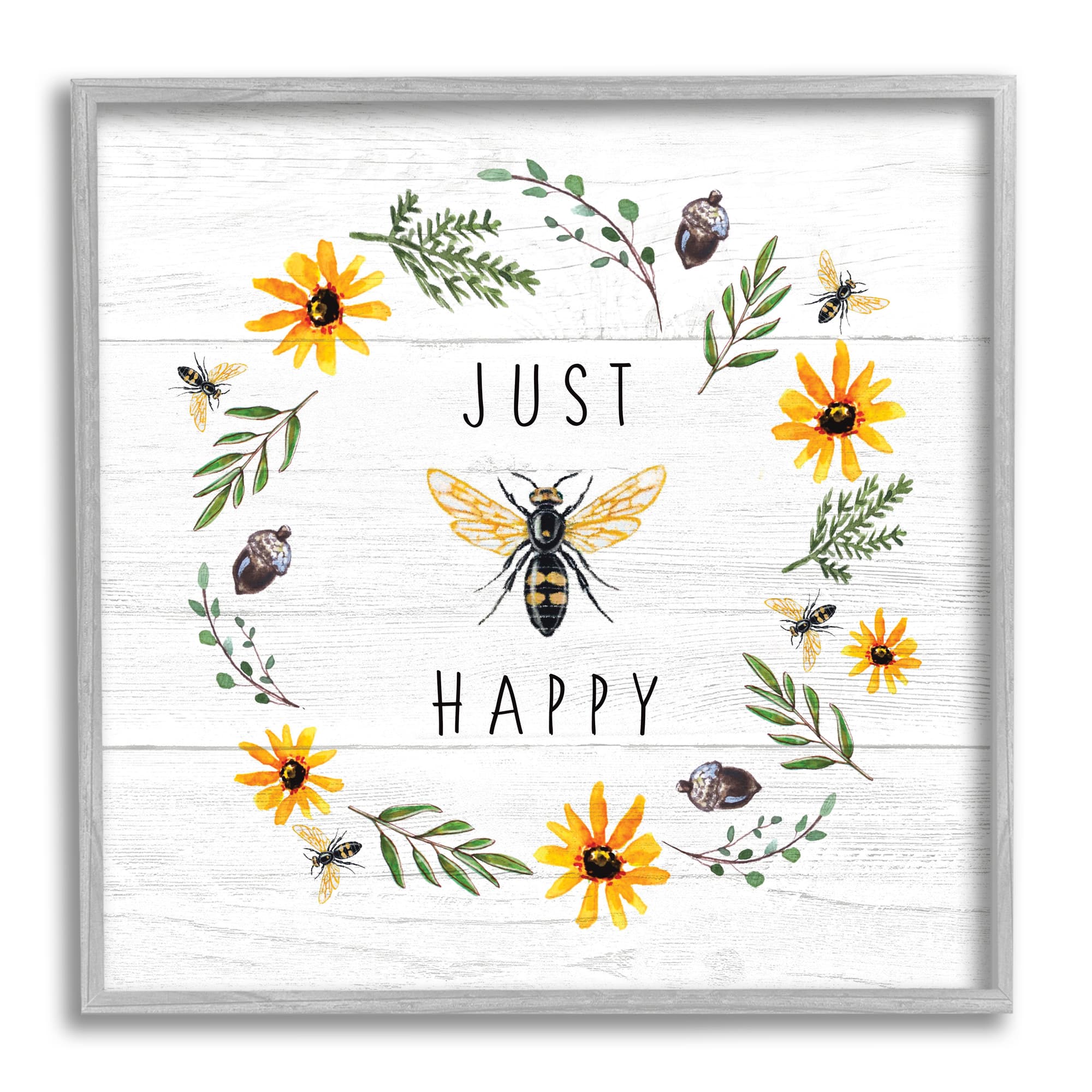 Stupell Industries Just Bee Happy Pun Phrase Yellow Daisy Wreath in Frame Wall Art