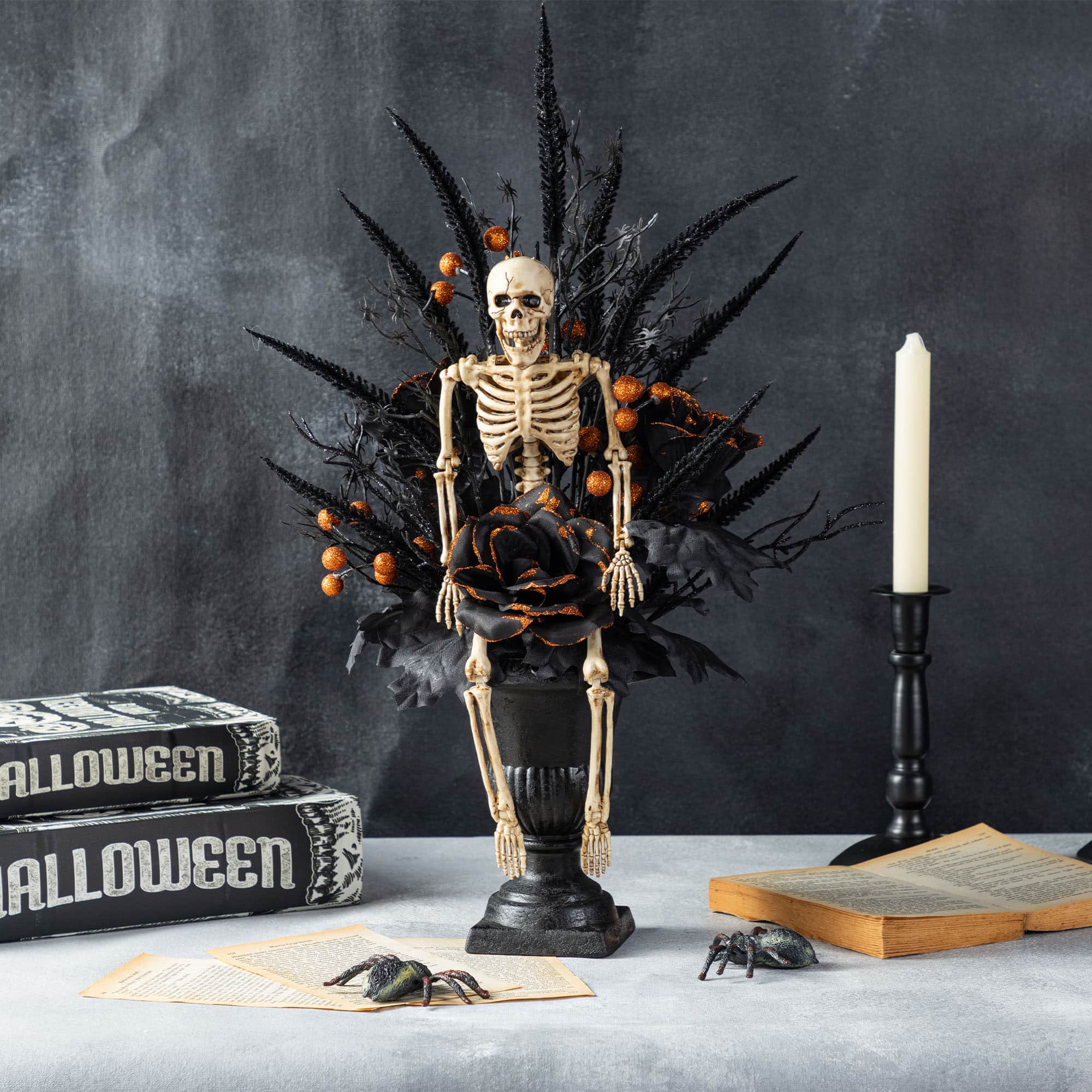 Glitzhome® 22"H Halloween Black Rose, Skeleton and Berry Urn Table Tree