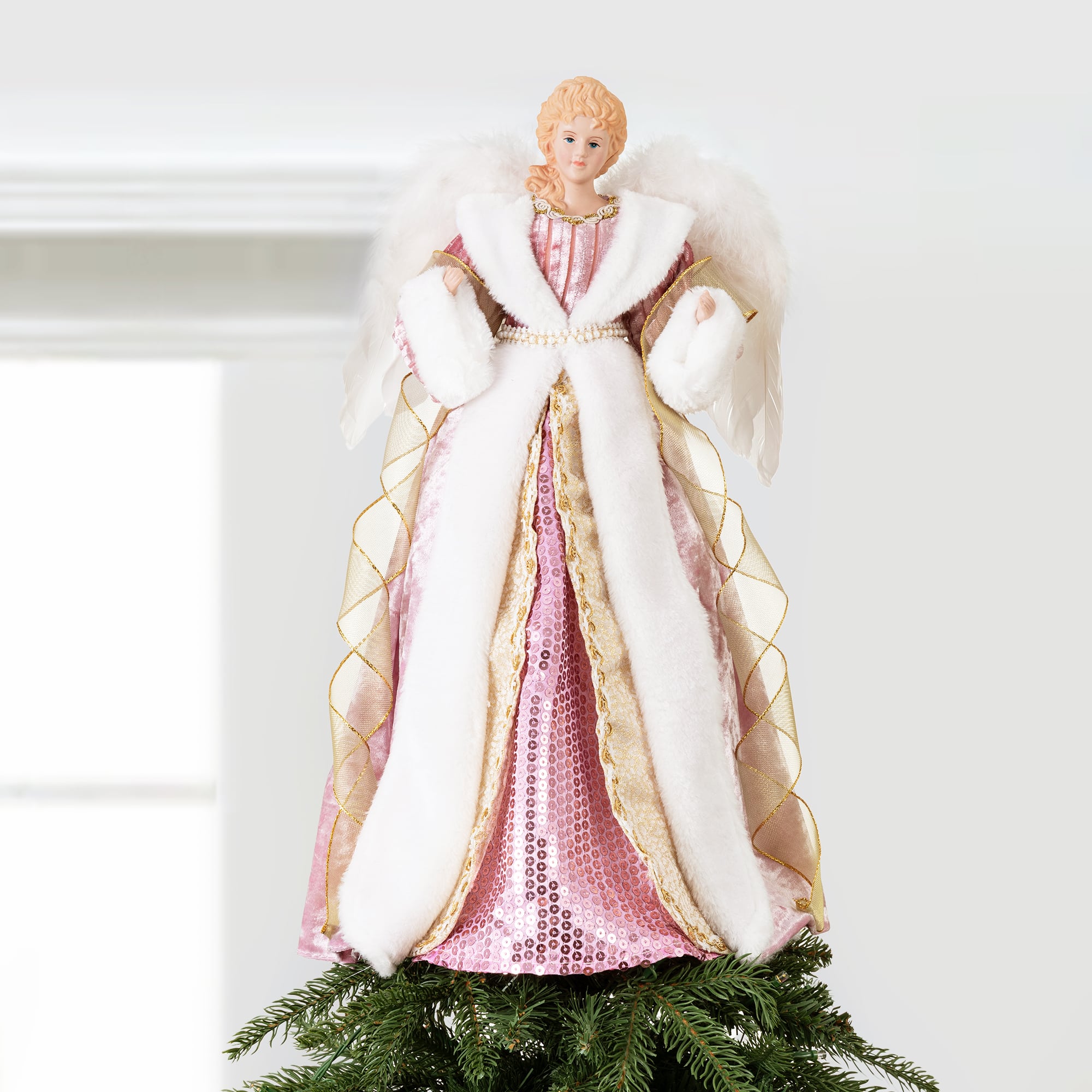 Glitzhome® 18" Faux Fur & PVC Deluxe Pink Christmas Angel Tree Topper with Porcelain Face