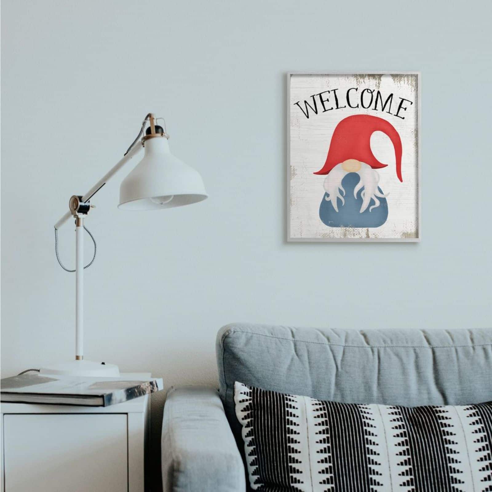 Stupell Industries Welcome Gnome Mythical Garden Elf Pun Gray Framed Wall Art