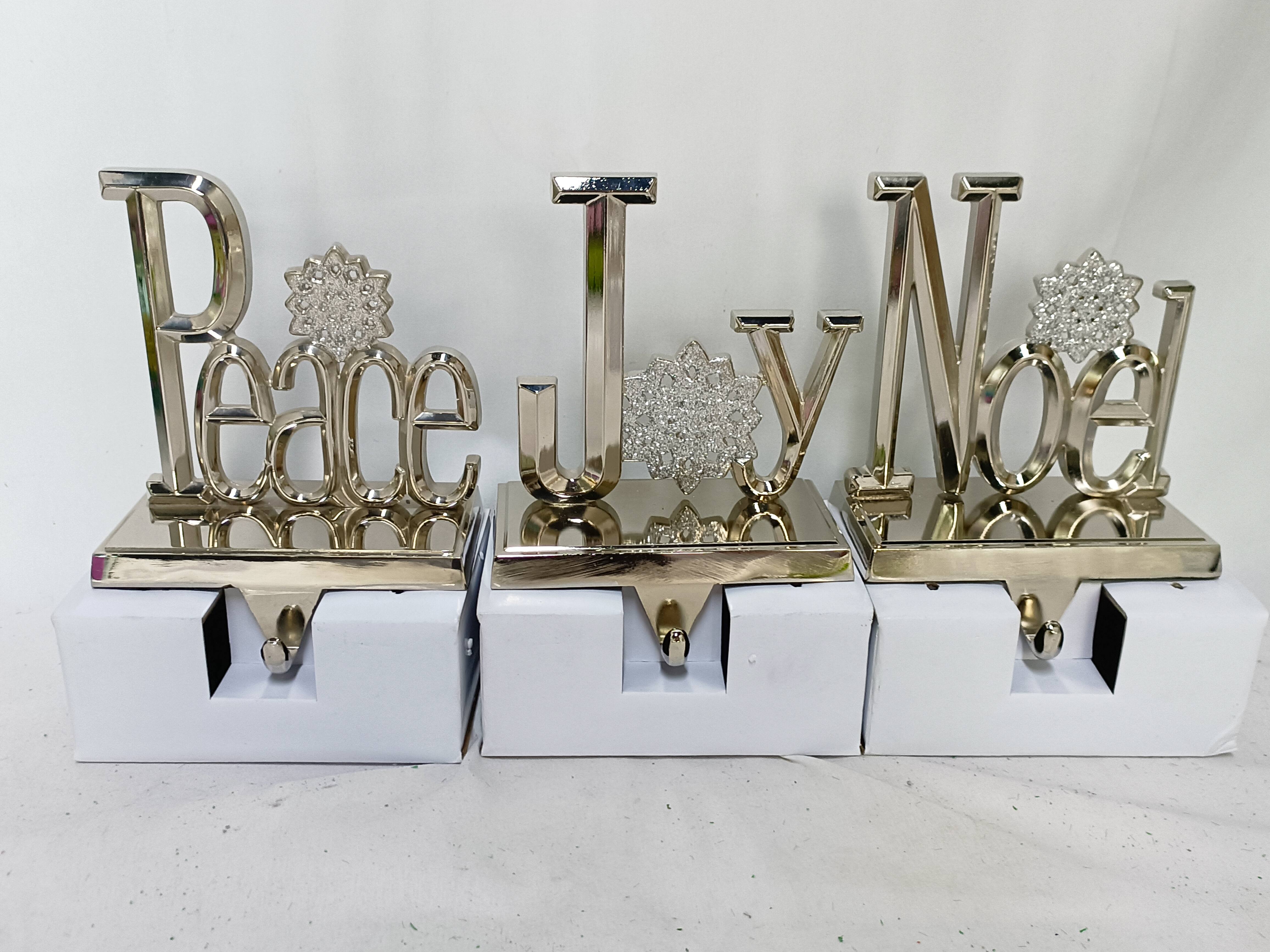 Peace  Joy and Noel Metal Christmas Stocking Holders - 6.5" - Set of 3