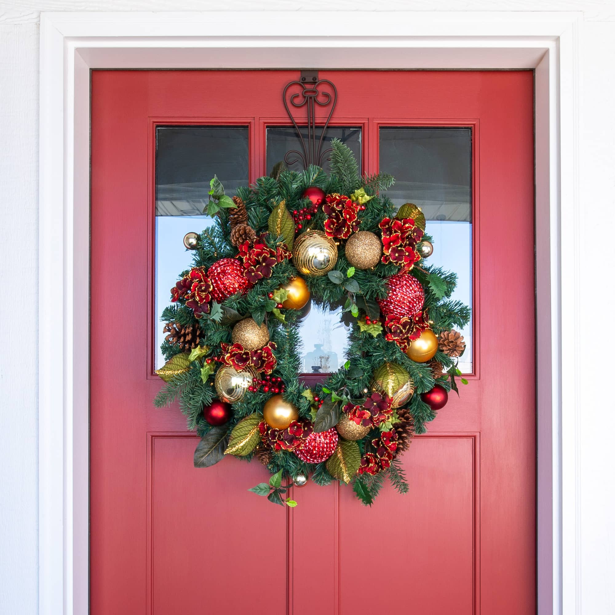 Village Lighting 30" Pre-Lit Scarlet Hydrangea Christmas Wreath, Clear LED Lights