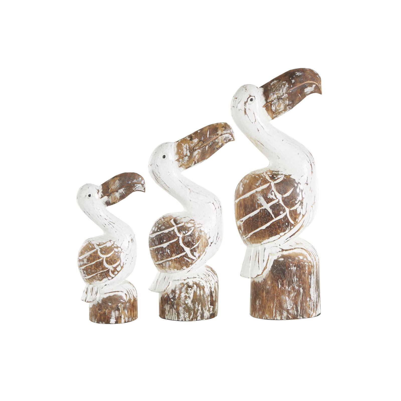 White & Brown Pelican Handmade Distressed Wooden Sculpture Set