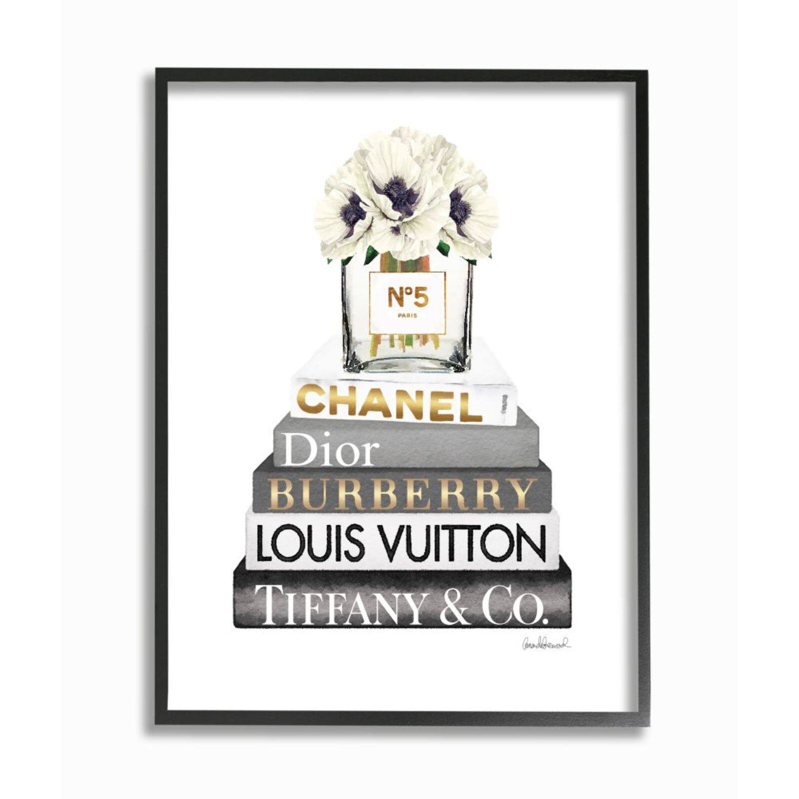Stupell Industries White, Gray, & Gold Designer Bookstack with Florals Black Framed Wall Art