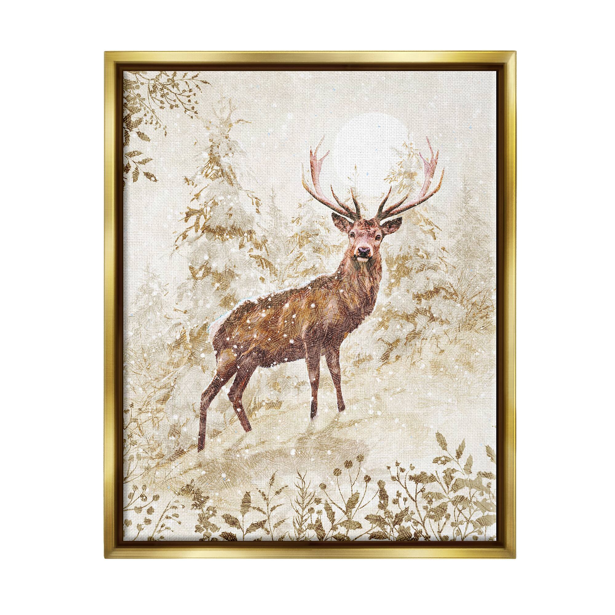 Stupell Industries Elk Snow Covered Forest Black Framed Floater Canvas Wall Art