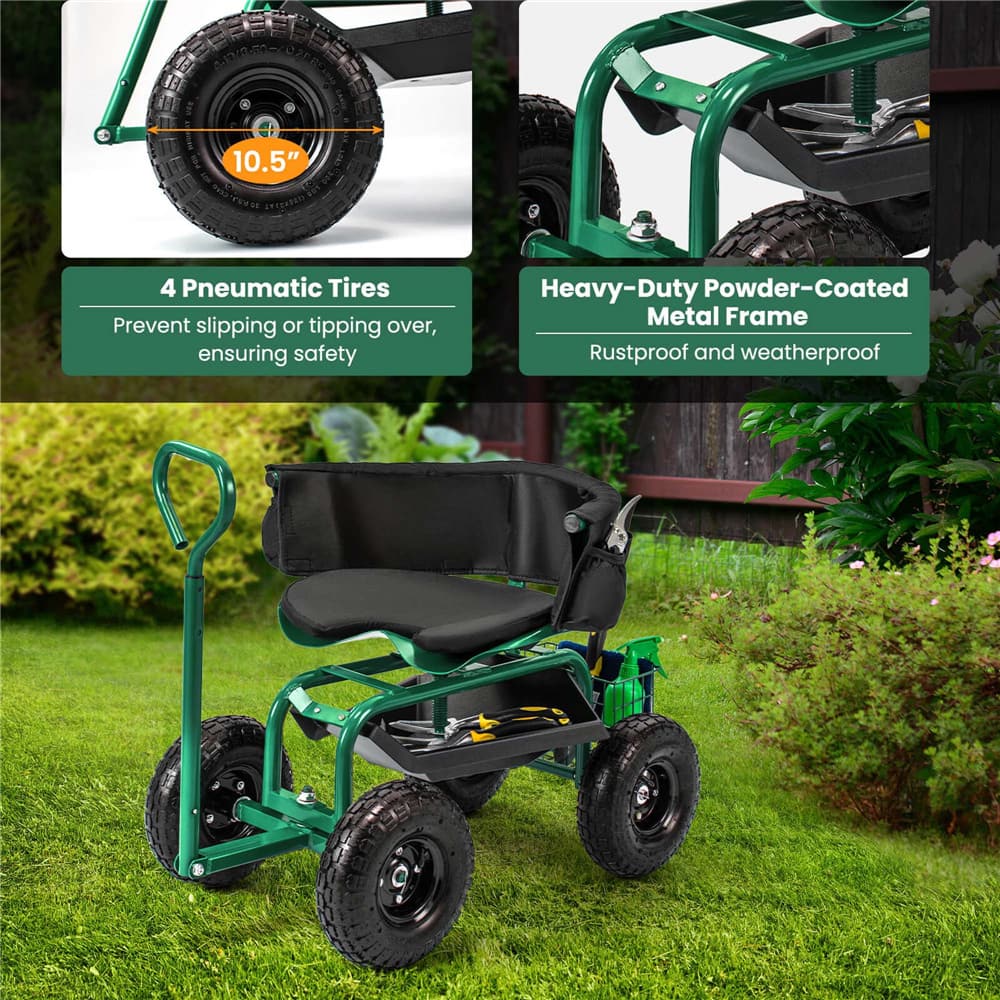 Costway Height-Adjustable Rolling Garden Cart Scooter with Swivel Seat, Tool Tray & Storage Basket