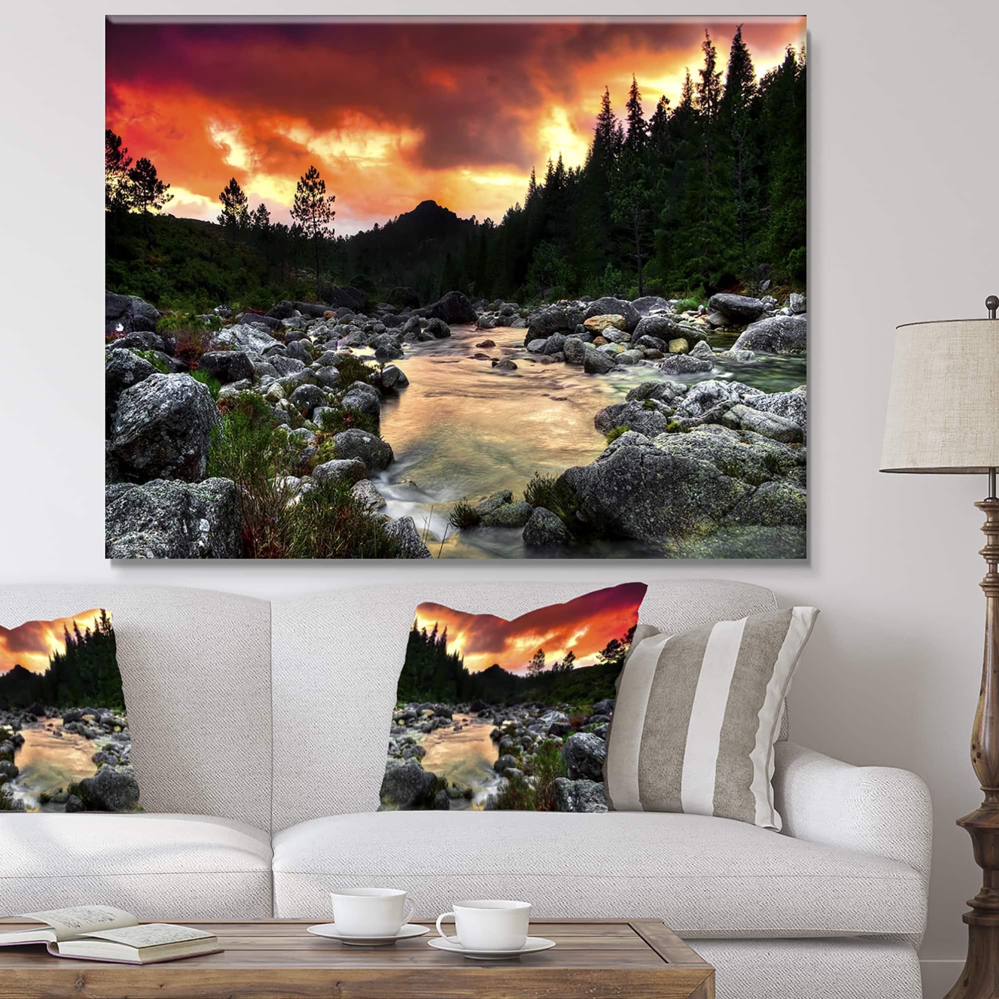 Designart - Rocky Mountain River at Sunset - Extra Large Wall Art Landscape
