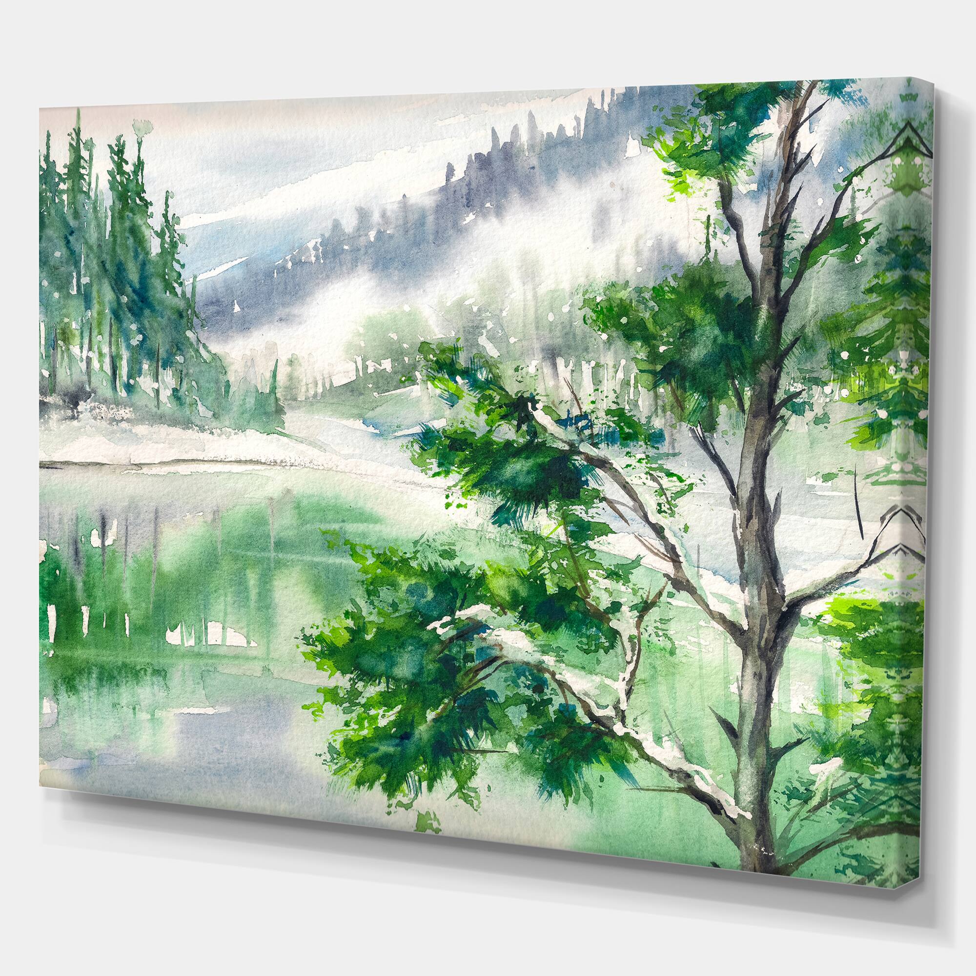 Designart - Lake and Mountains in Winter Season - Landscapes Painting Print on Wrapped Canvas