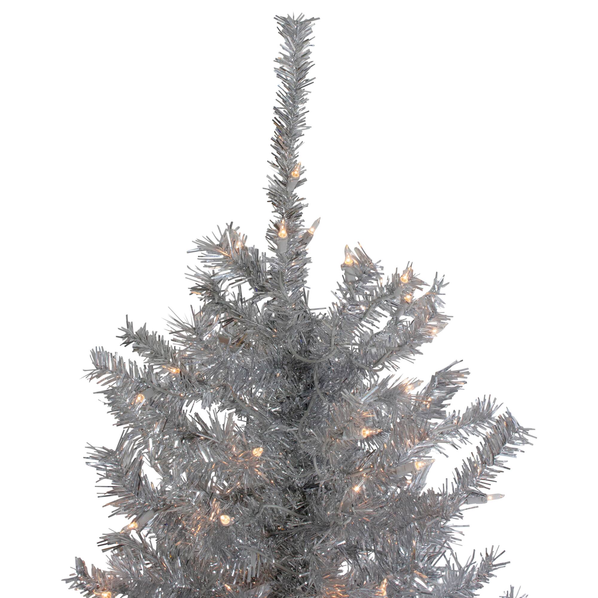7.5ft. Pre-Lit Slim Tinsel Pine Artificial Christmas Tree, Clear Lights