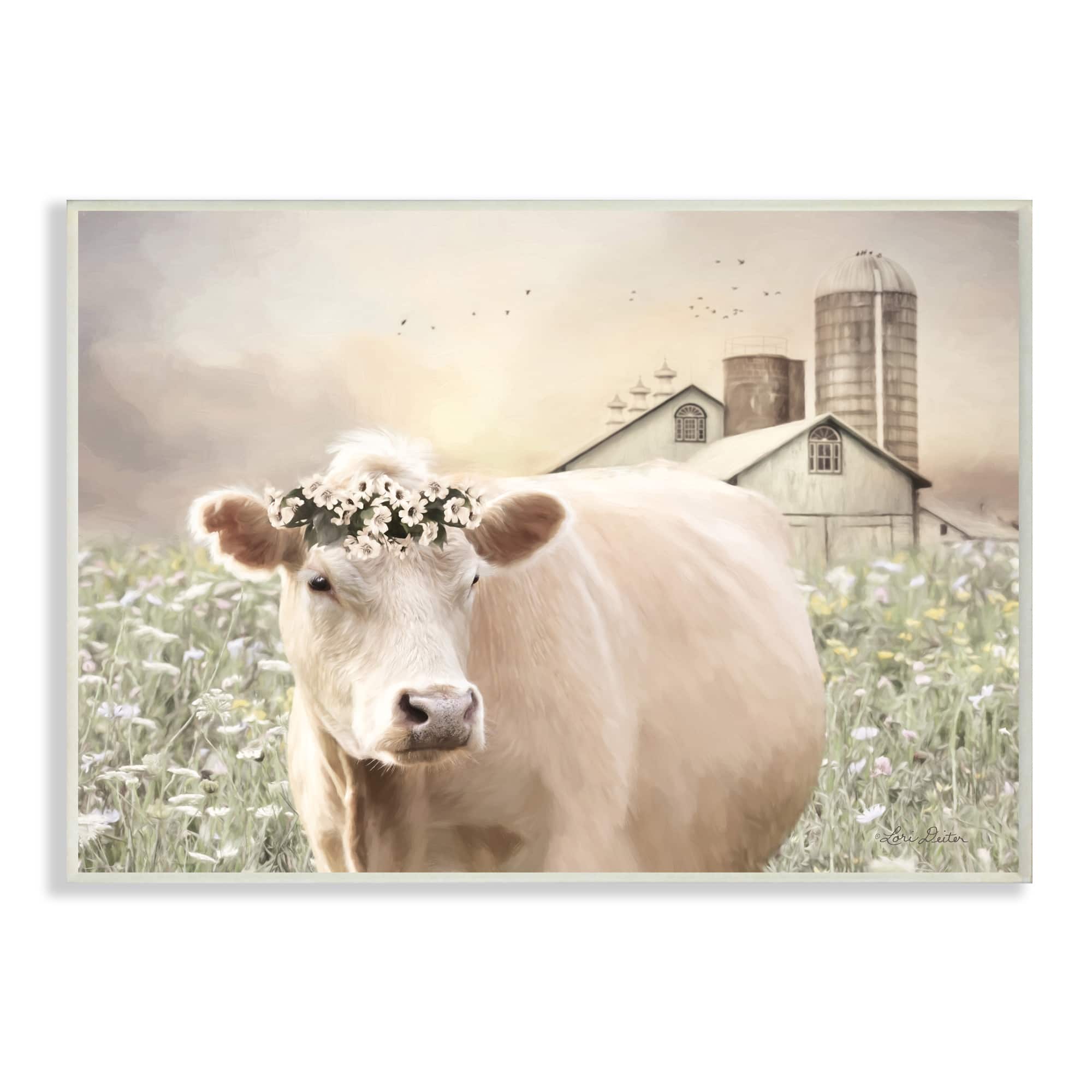 Stupell Industries Realistic Cow Floral Crown Tranquil Farm Field Wall Plaque