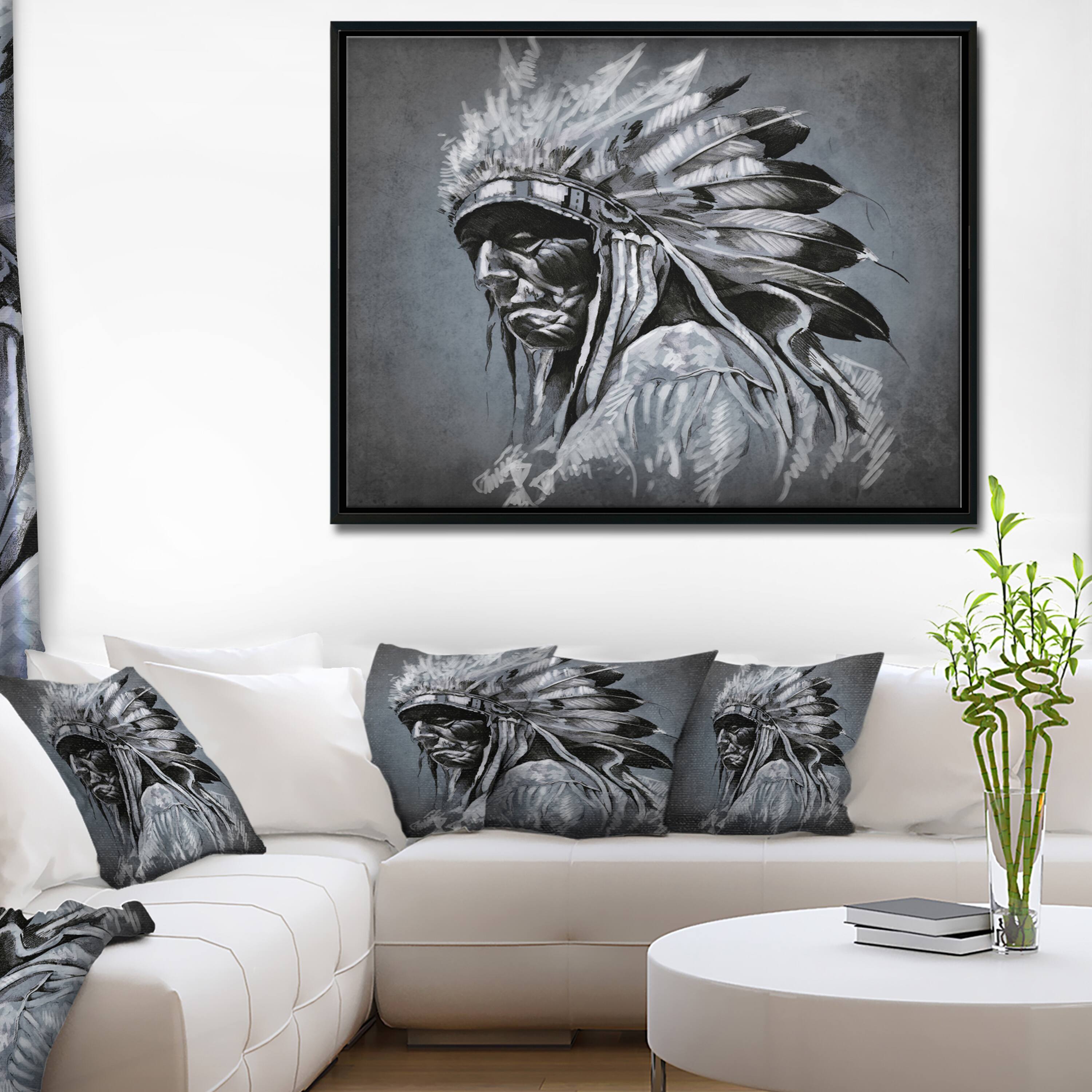 Designart - American Indian Tattoo Art - Portrait Canvas Print in Black Frame