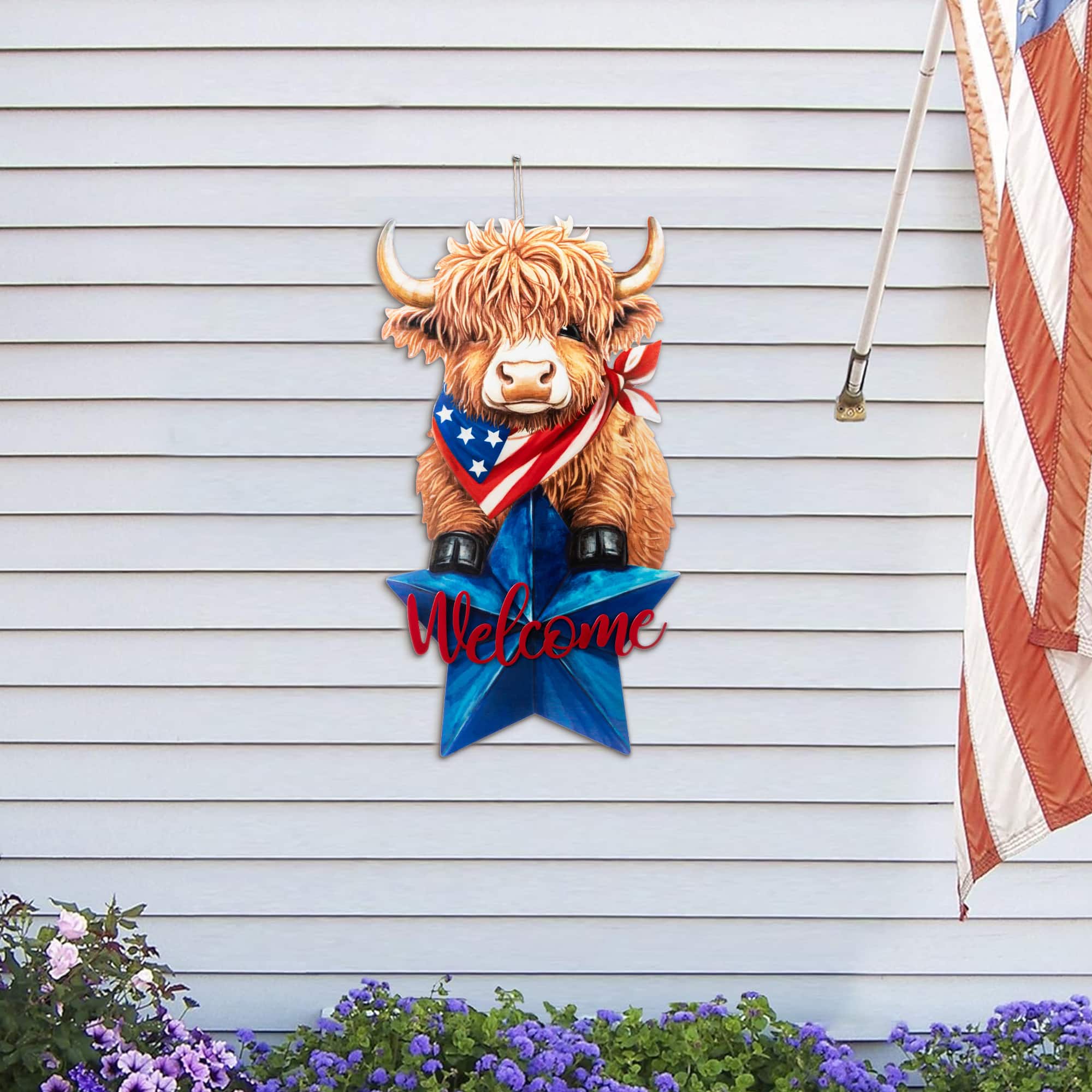 Glitzhome® 30" Patriotic Americana 2-in-1 Metal Highland Cow Garden Yard Stake & Wall Decor