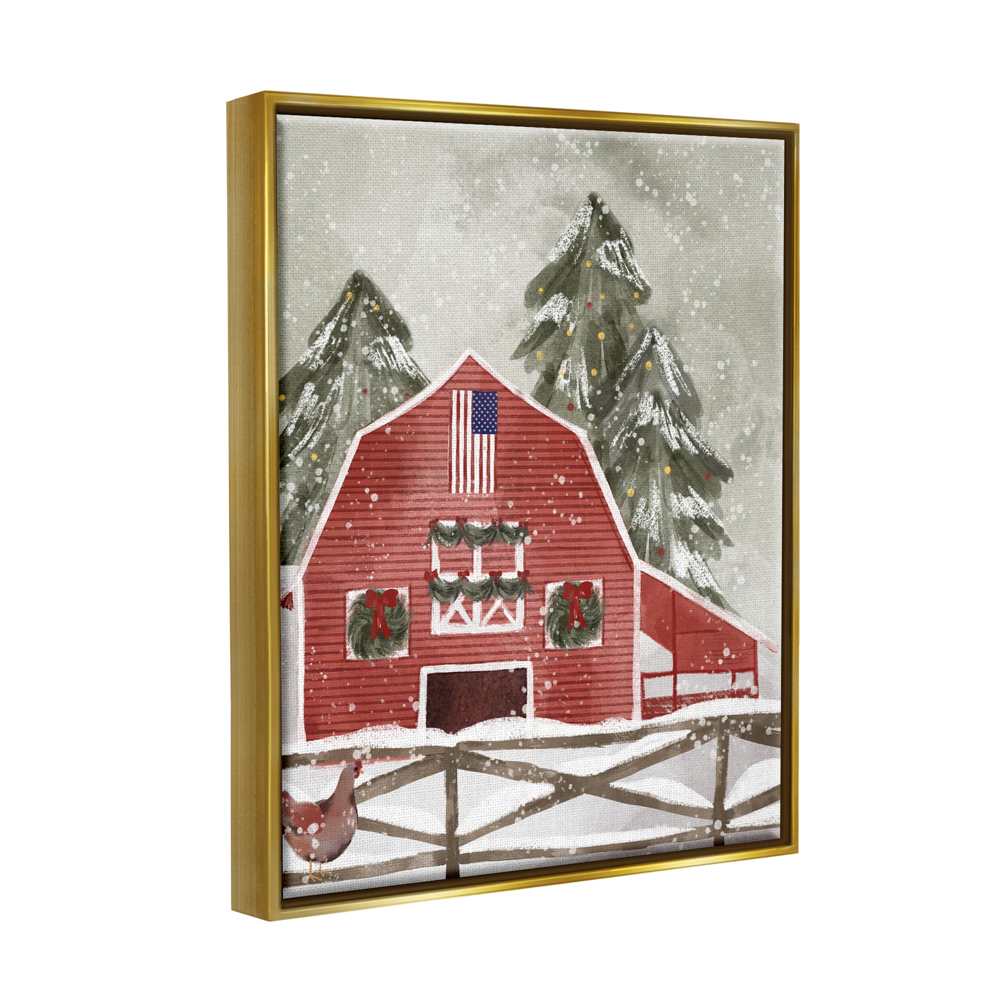 Stupell Industries Americana Barn Holiday Snow Scene Framed Floater Canvas Wall Art