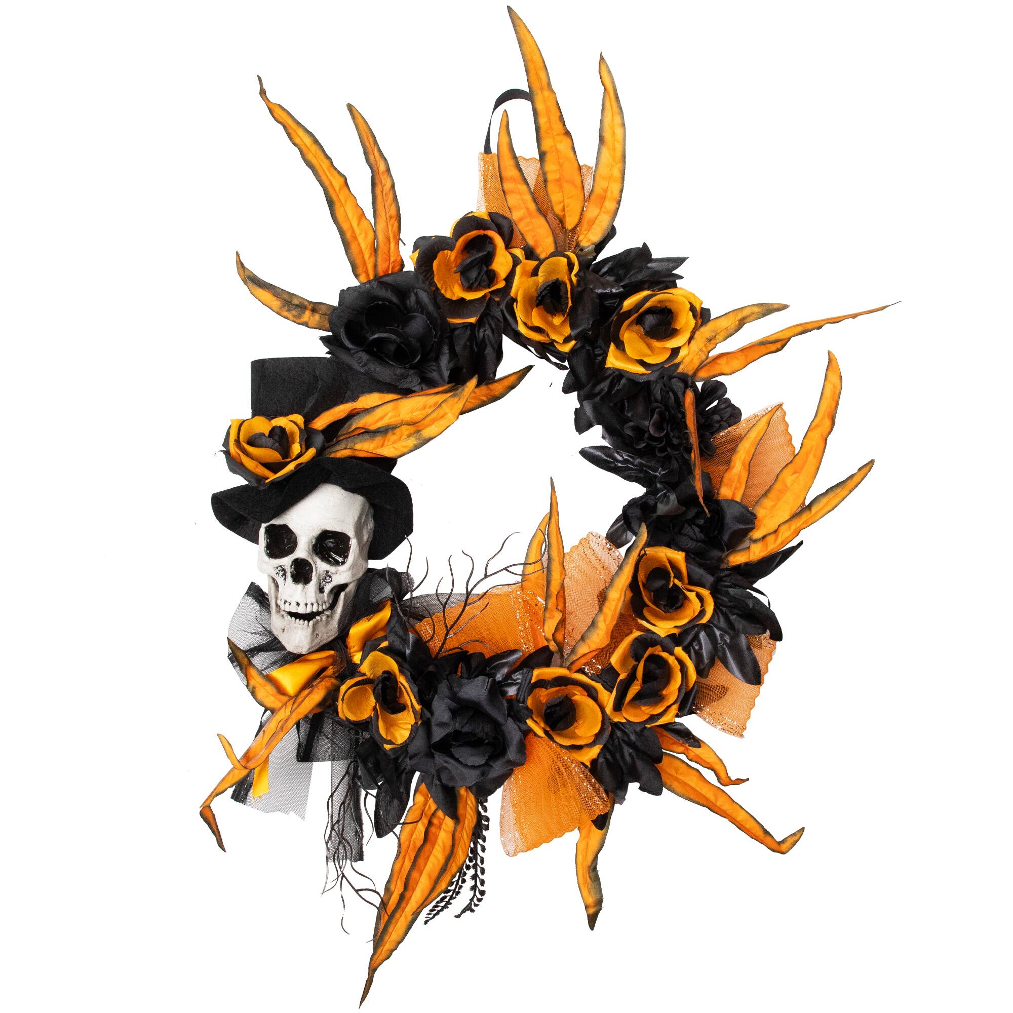 14" Skull with Black & Orange Roses Halloween Wreath