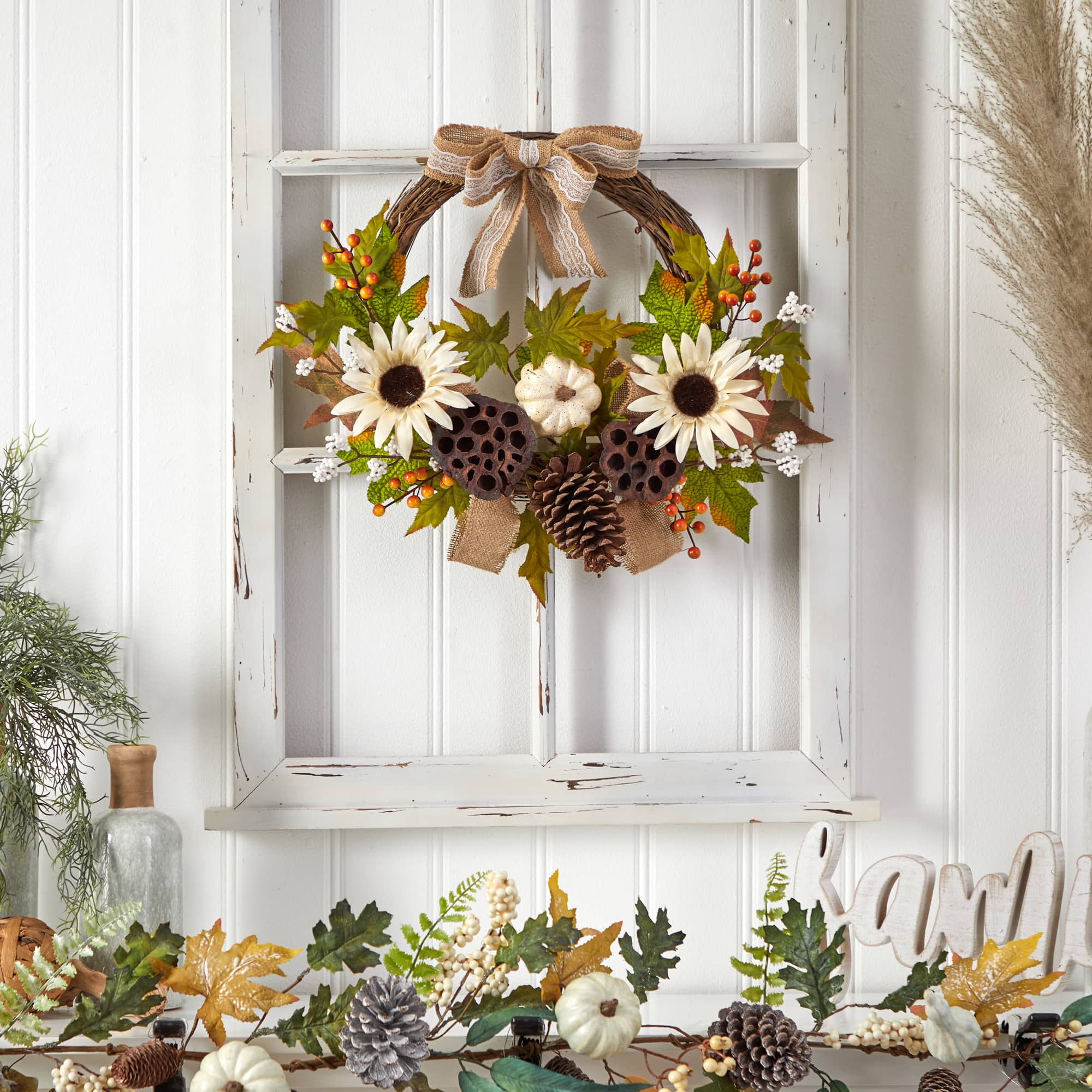 20" Autumn Sunflower, White Pumpkin & Dried Lotus Pod Fall Wreath