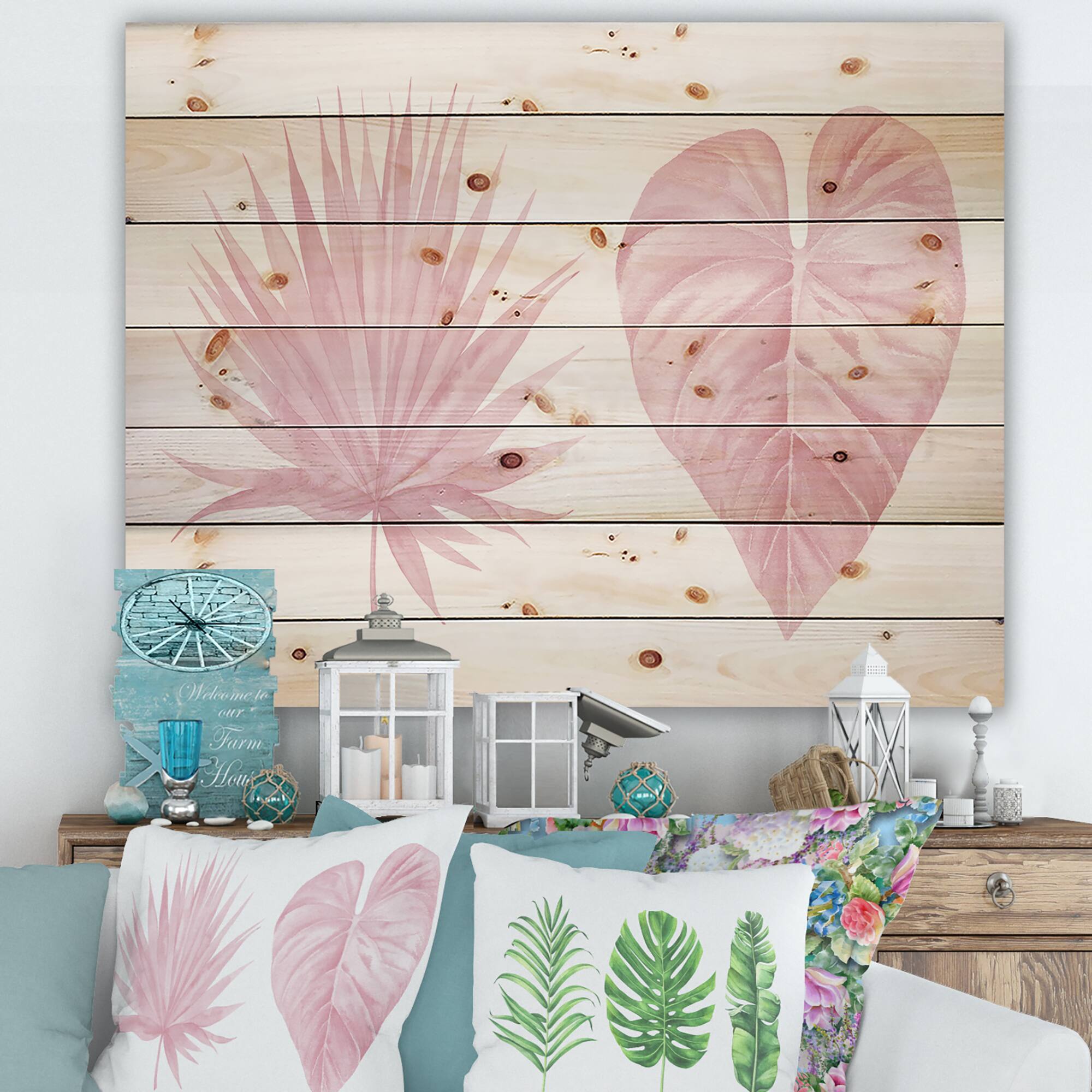 Designart - Tropical Pink Watercolour Leaves II - Shabby Chic Print on Natural Pine Wood