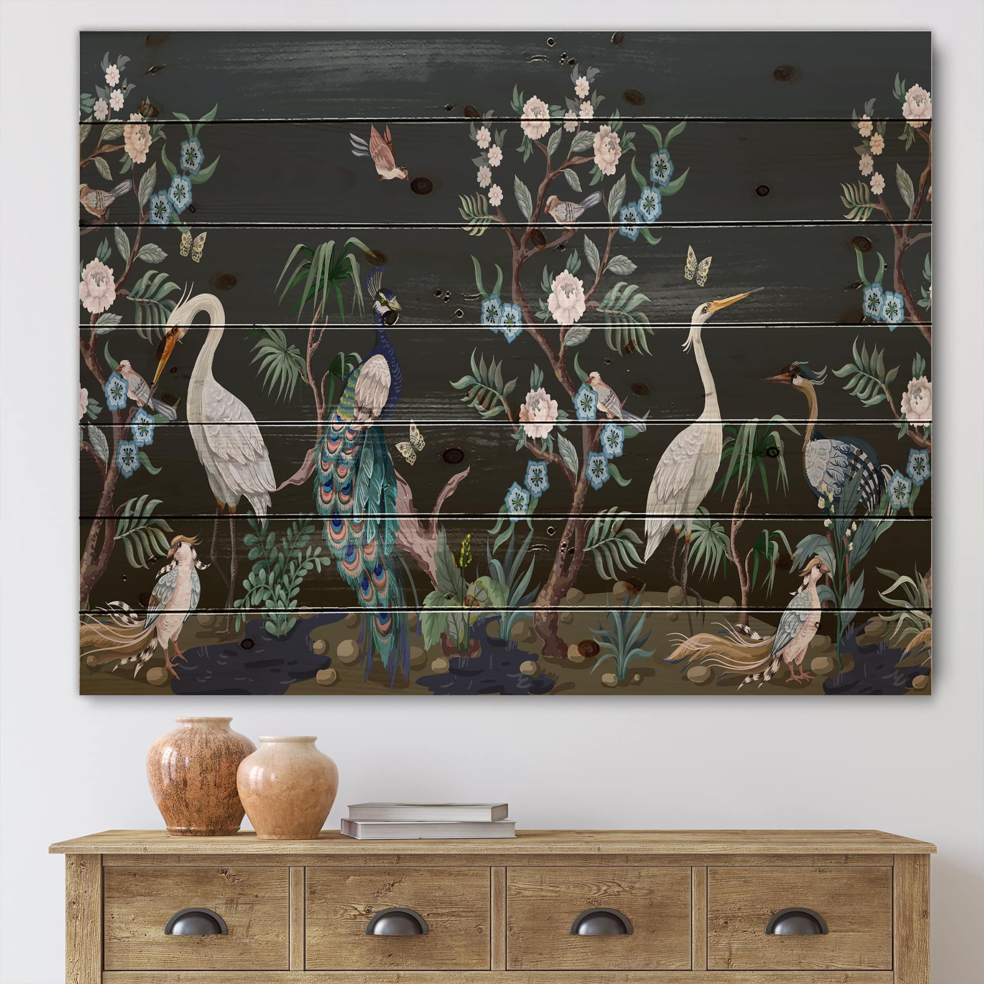 Designart - Chinoiserie With Birds and Peonies IV - Traditional Print on Natural Pine Wood