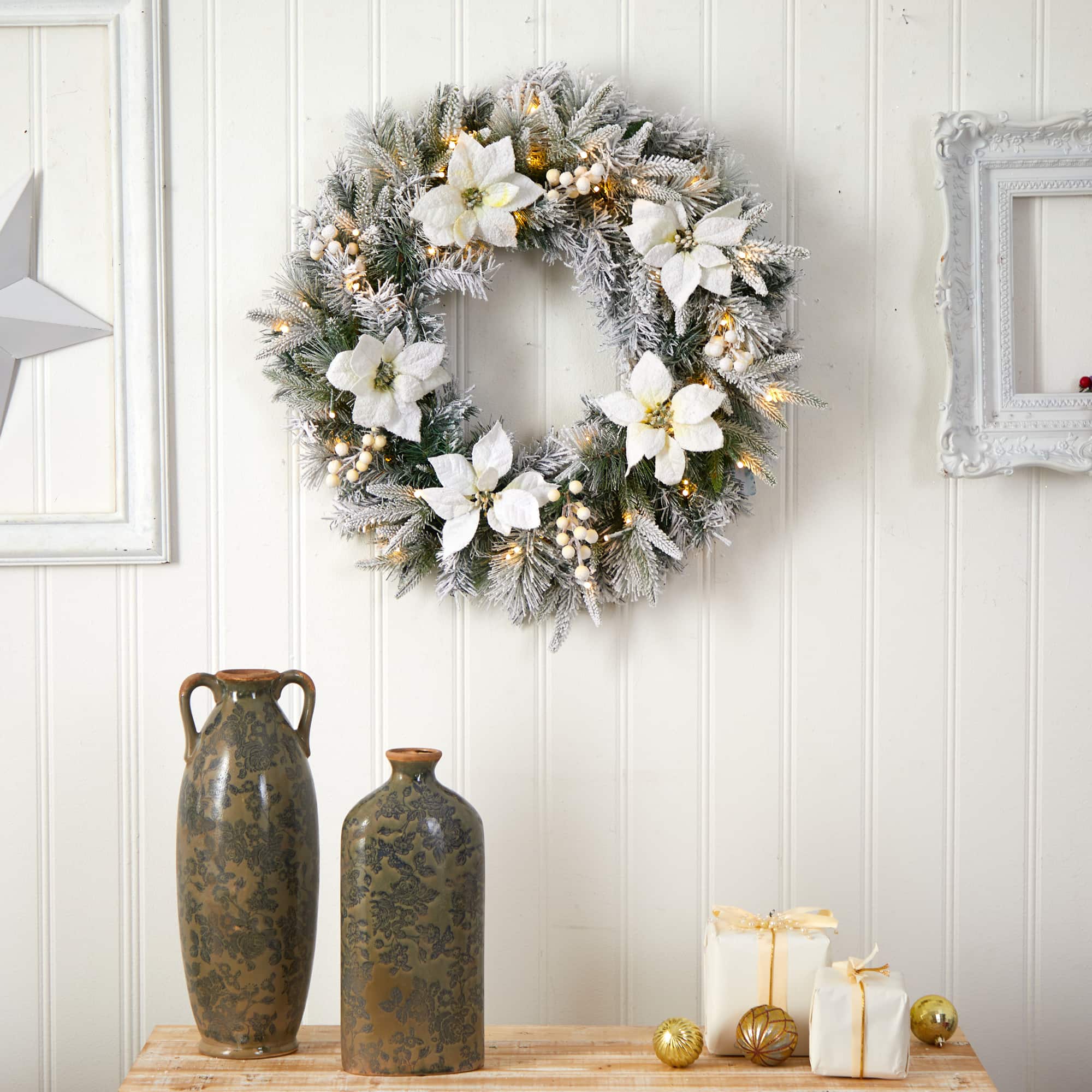24" White LED Lights Flocked Poinsettia & Pine Artificial Christmas Wreath
