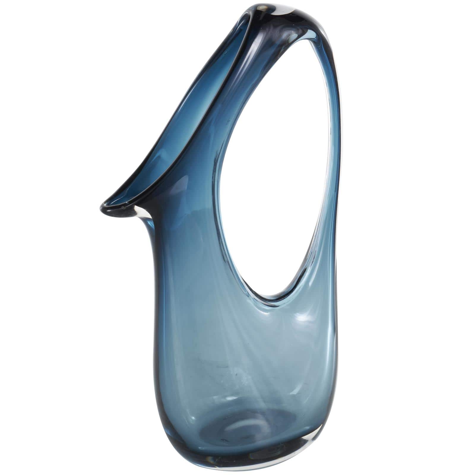 Blue Abstract Glass Vase with Cutout Handle & Elongated Opening